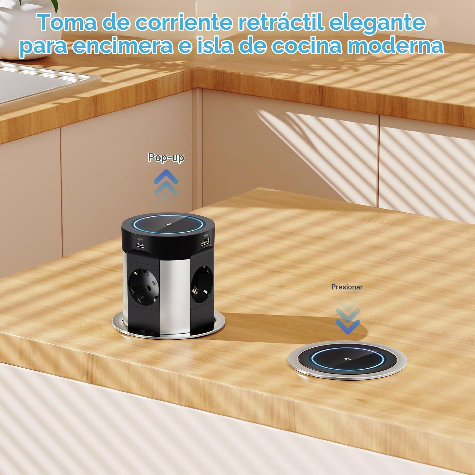Enchufe empotrable con 2 USB-C 75W Total, 4 Tomas, Qi 15W, Ø100 mm | Regleta empotrable con 2 USB-A 45W+30W, apertura por presión, cable 1,8 m, cocina y encimera, negro
