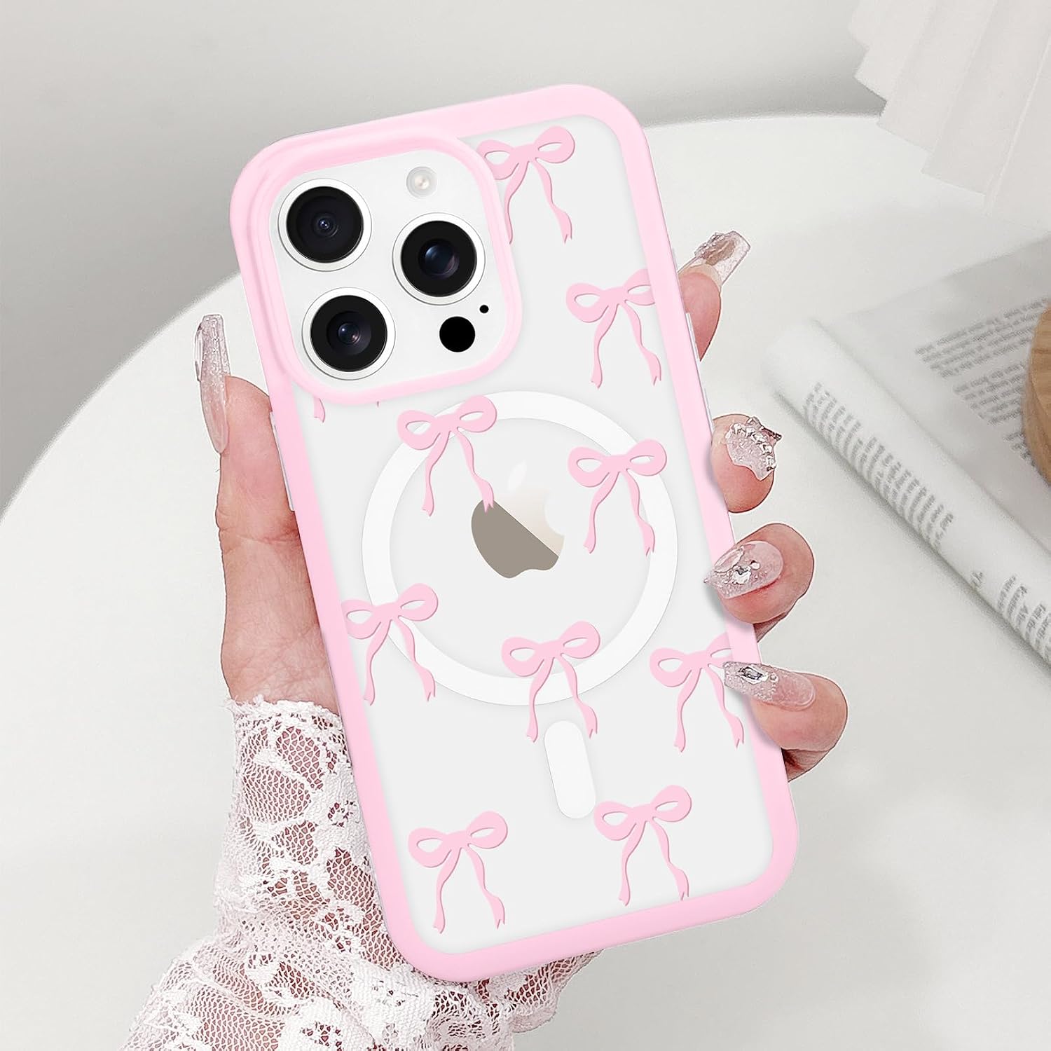 LCHULLE Magnetic for iPhone 16 Pro Case Cute Clear Pink Bows Pattern image 2