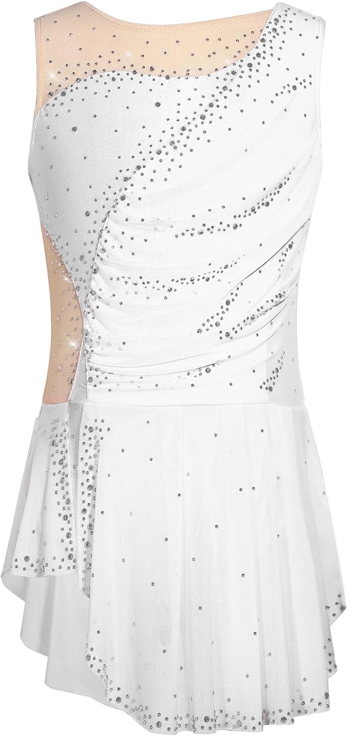 Kids Figure Skating Dress Cha-cha Competitions Thin Gymnastics Apparel Fitted Dance Wear Mesh Slit Garment