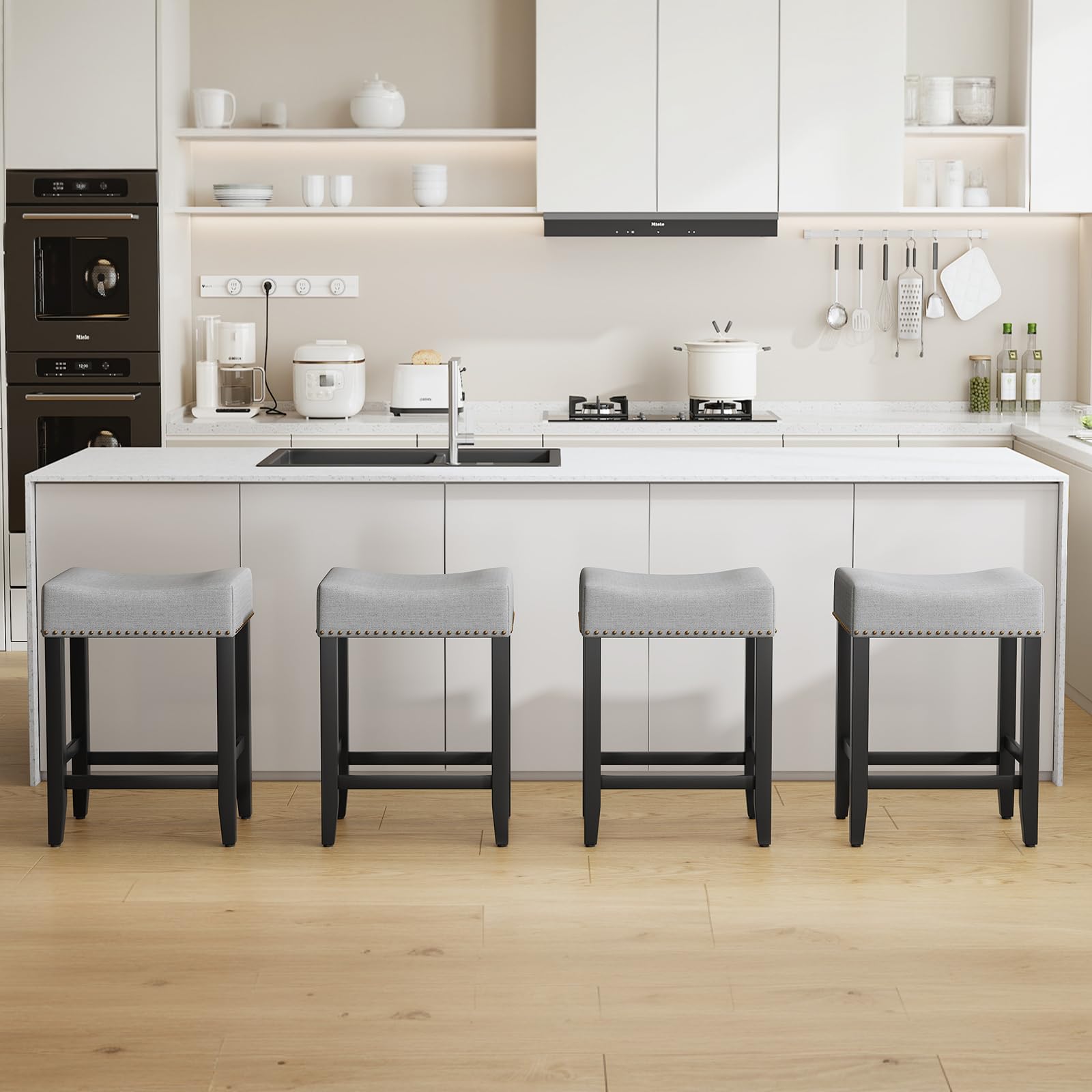 Set di 2 Sgabelli da Bar, Sgabelli da Bar ad Altezza Bancone Sgabello da Sella Alto da 65.5cm, Sedia Trucco Cucina in Lino, Poggiapiedi per Sala da Pranzo, Cucina ad Isola, Caffetteria, Grigio
