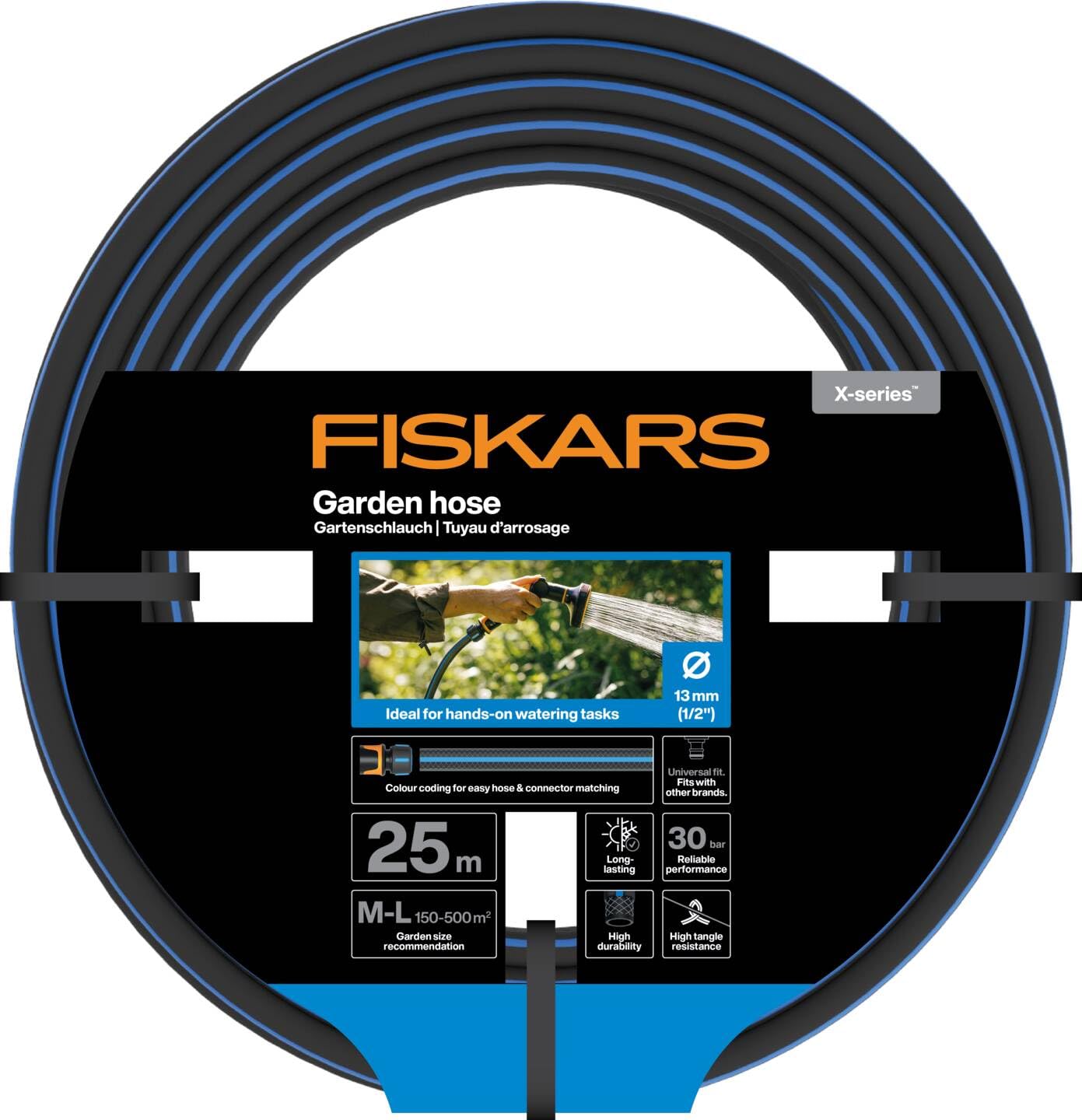 Fiskars Tuyau d'Arrosage M-L, X-series, Tuyau pour Arrosage Manuel, 13 mm (1/2"), Longueur : 25 m, Raccord Universel, Protégé contre les UV, Résistant au Gel, Résistant à la Torsion, Bleu, 1076045