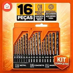 Jogo Broca 16 Peças Estojo Madeira Metal Ferro Concreto