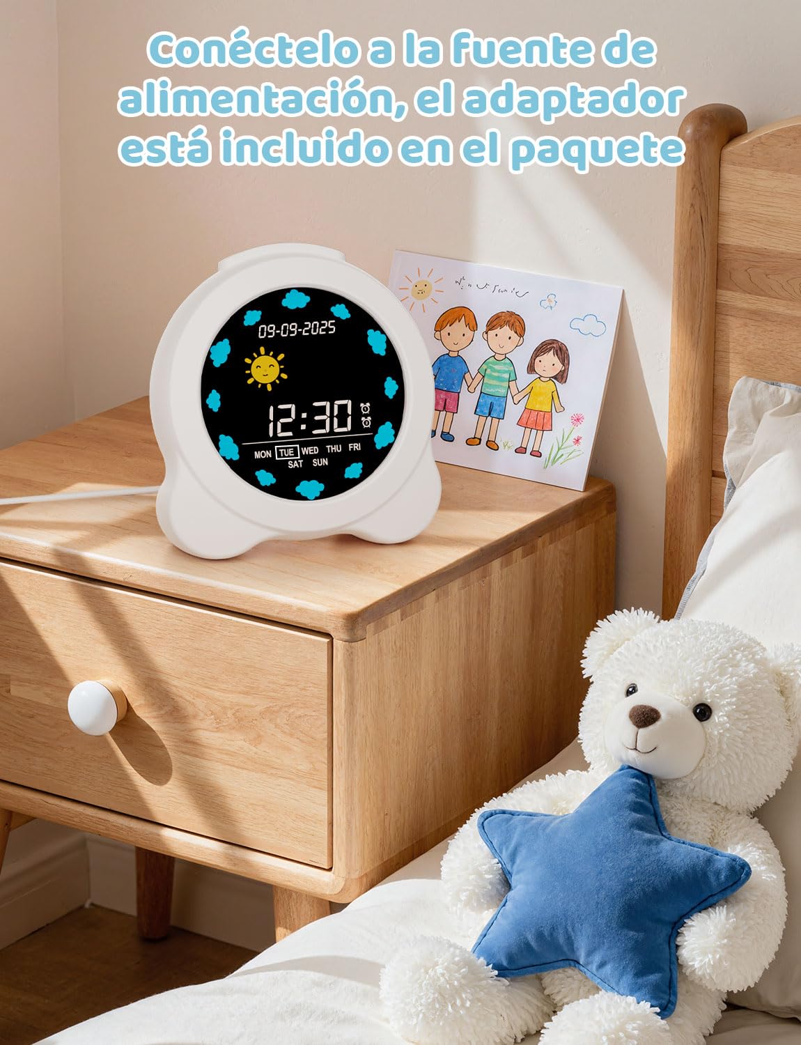 YISSVIC Despertador Infantil 2 Alarmas Brillo Ajustables 3 Volumenes 6 Músicas, Reloj Despertador Digital Función de Repetición Entrenamiento del Sueño para Niños