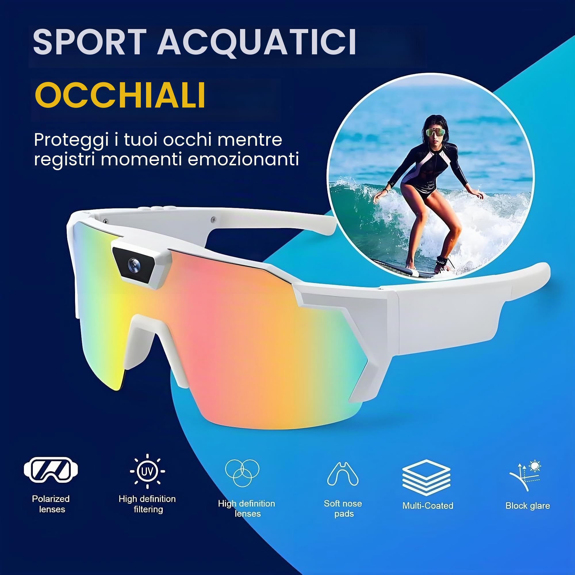 Occhiali da Sole Sportivi con Telecamera 4K HD, Smart Glasses con Registrazione Video e Audio, Mini Action Camera Indossabile per Ciclismo e Attività Outdoor