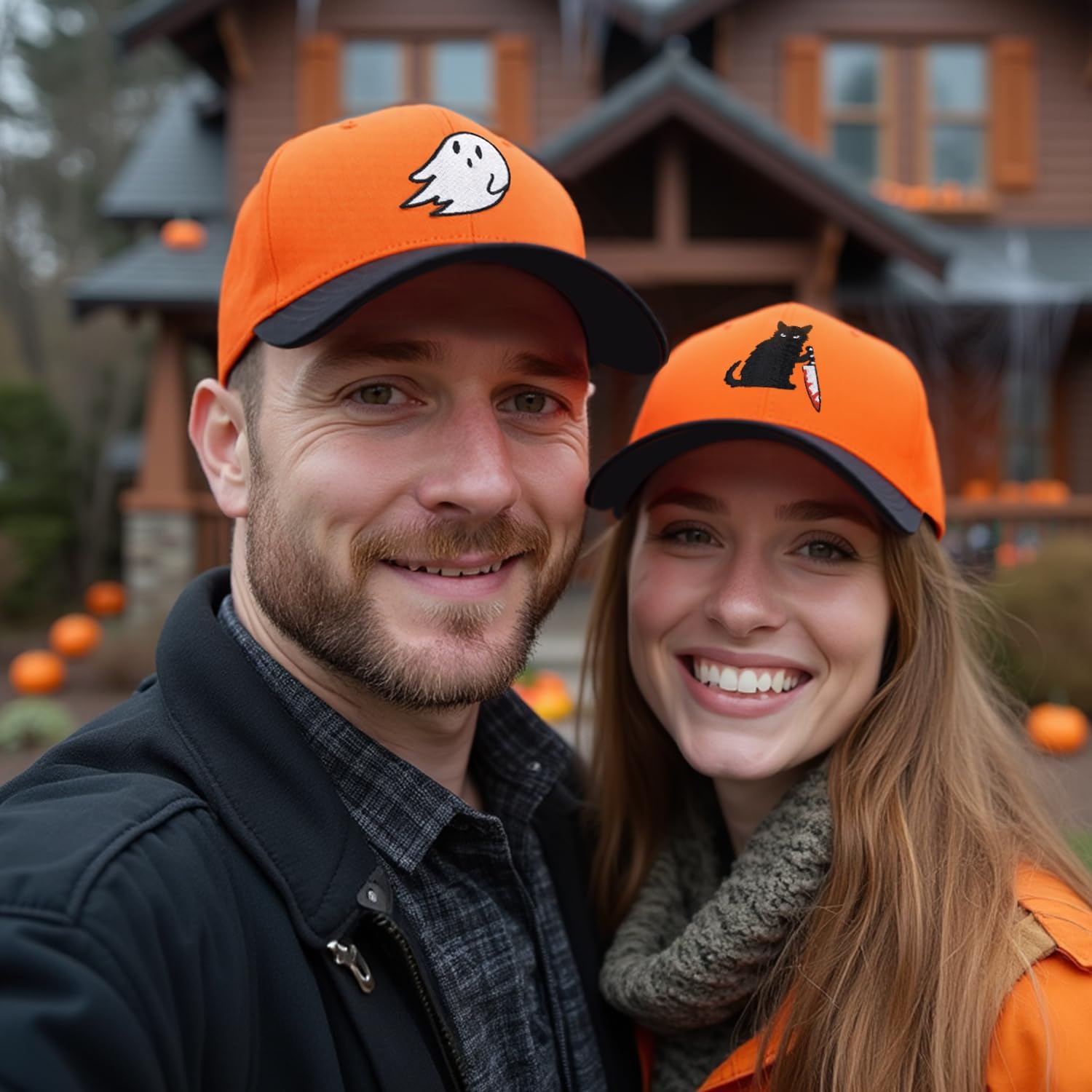 Halloween Spooky Embroidered Hat - Black Cat Knife Grinning Pumpkin & Ghost Designs for Festive Trick-or-Treating & Parties - Image 5