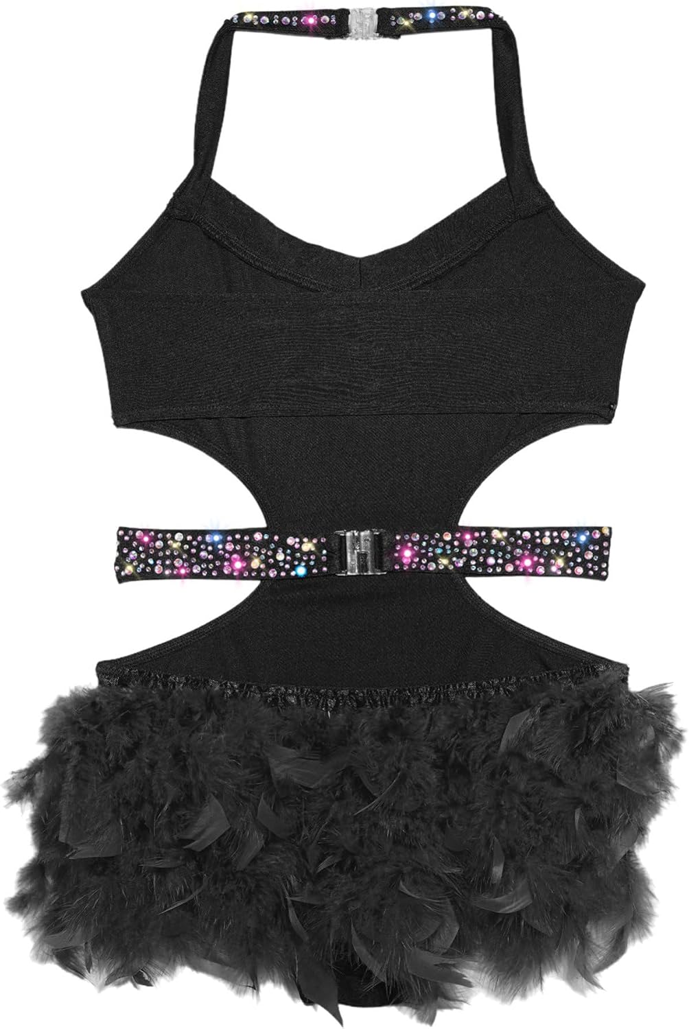 iEFiEL Girls Jazz Dance Dress Sleeveless Halter Neck Backless Feather Latin Cha Cha Ballroom Leotard for Performance