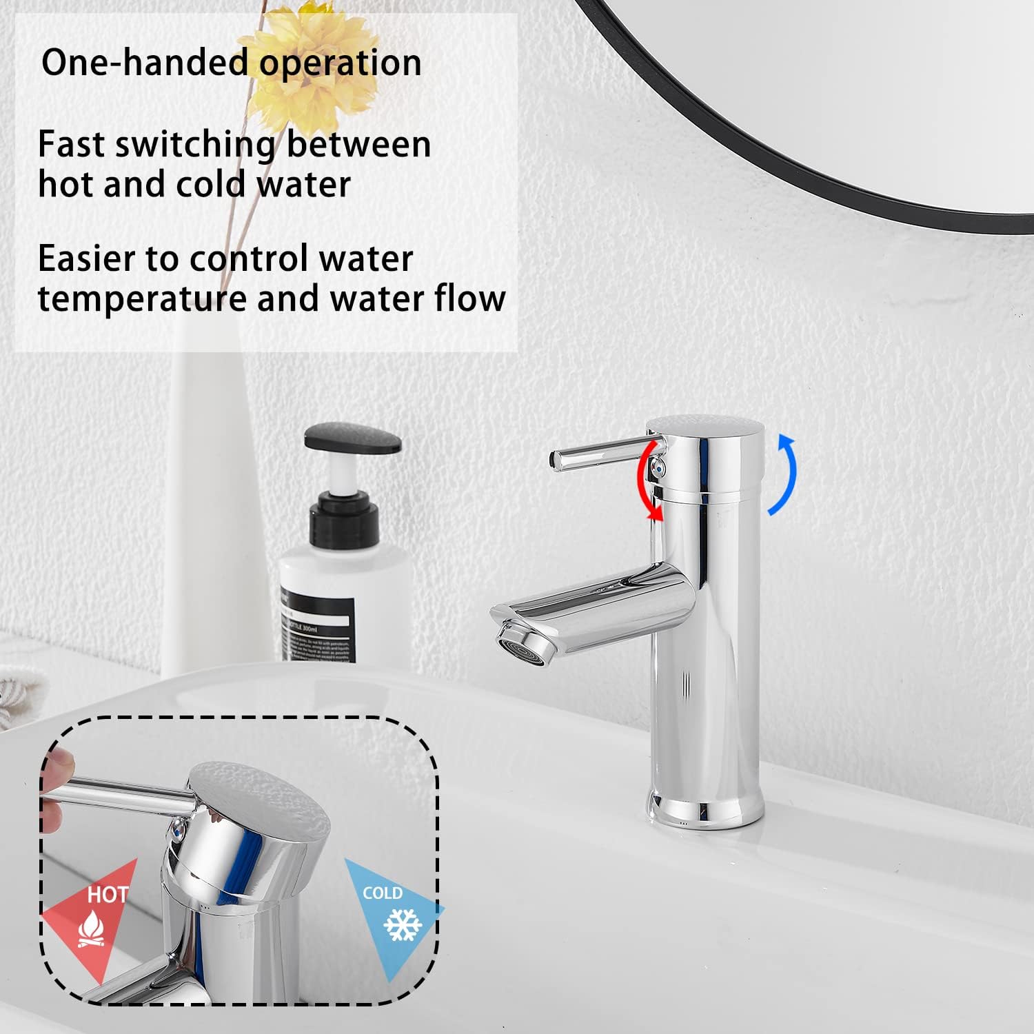 Bathroom Faucet Chrome GGStudy Single Handle 1 Hole Faucets Stainless Steel Bathroom Vanity Faucet Matching Pop Up Drain with Overflow