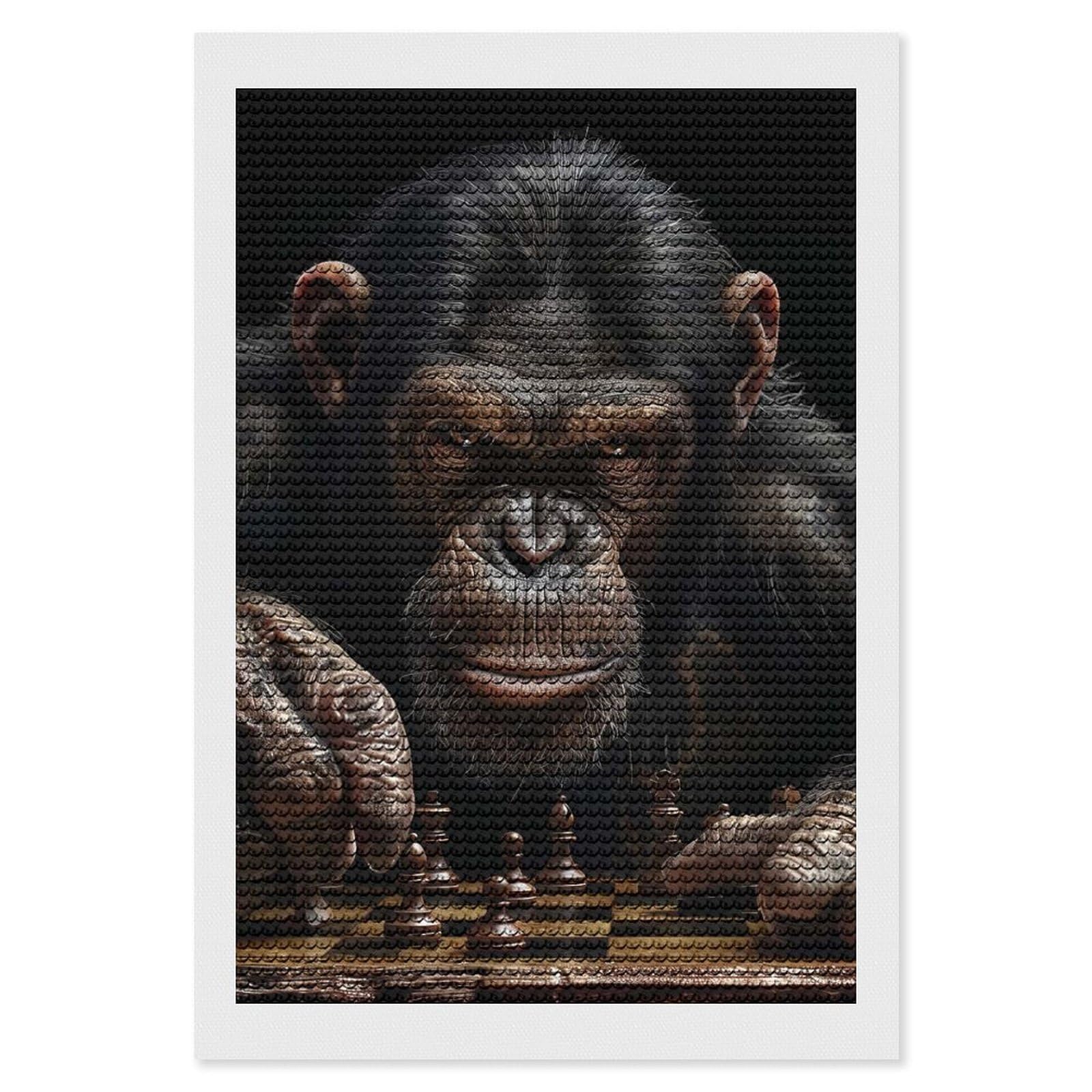Junmoney Chimpanzee Chess Diamond Art Kit 8"x12", Bedroom Decor, Adhesive Canvas, Full Kit Included, Thoughtful Present, Birthday Gift