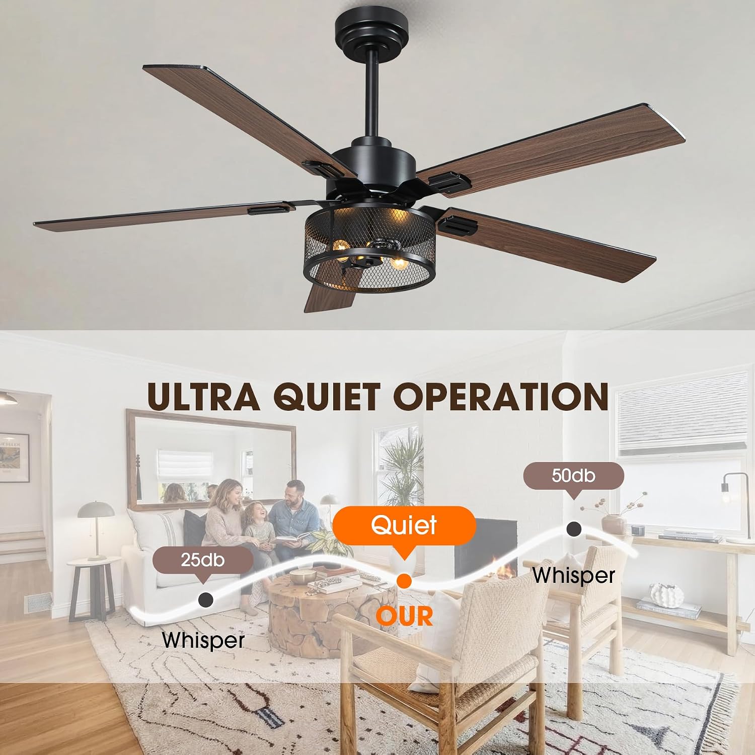 52 Inch Farmhouse Ceiling Fan with Light and Remote, Rustic Caged Ceiling Fans with 6-Speed Reversible Motor, 5 Dual Finish Blades, Outdoor Ceiling Fan for Living Room Bedroom Patio