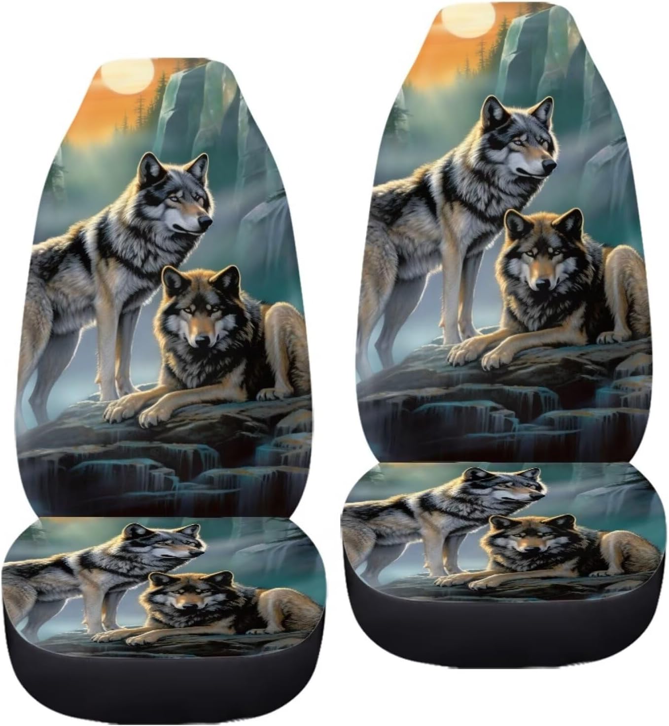 INSTANTARTS Howling Wolf High Back Car Seats Cover 2 Piece Bucket Seat Cushion Comfy Seat Protector Universal Fit Most SUV, Sedan, Van, Truck