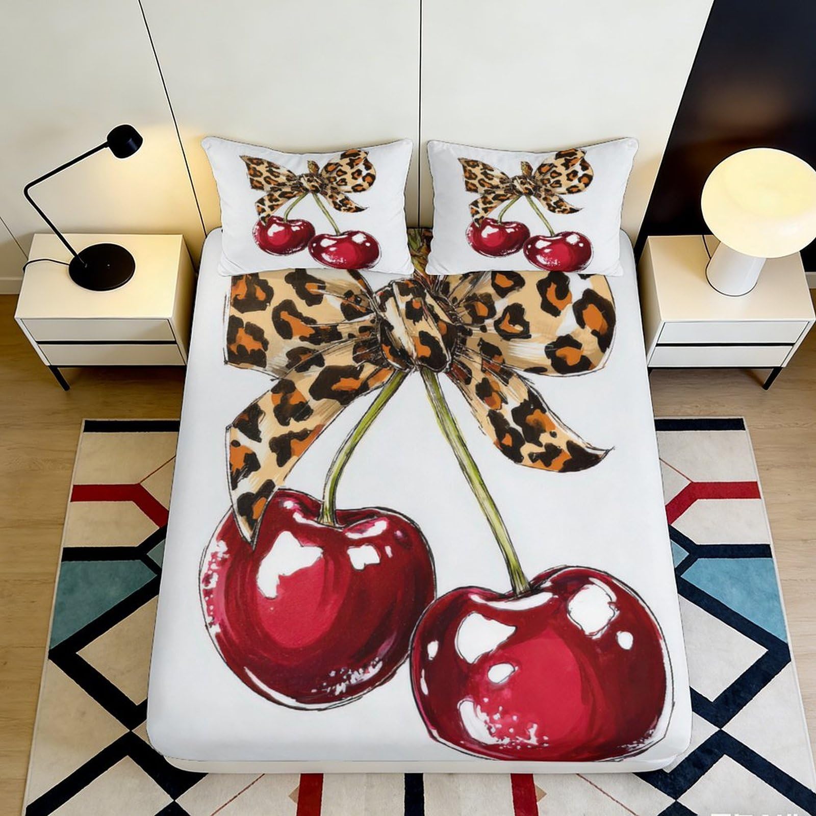3D Printed Cherry Leopard Fitted Sheet Microfiber Soft Anti-Slip Bed Sheet Bedroom Decor Protection for Adults Teens 90x200x25cm