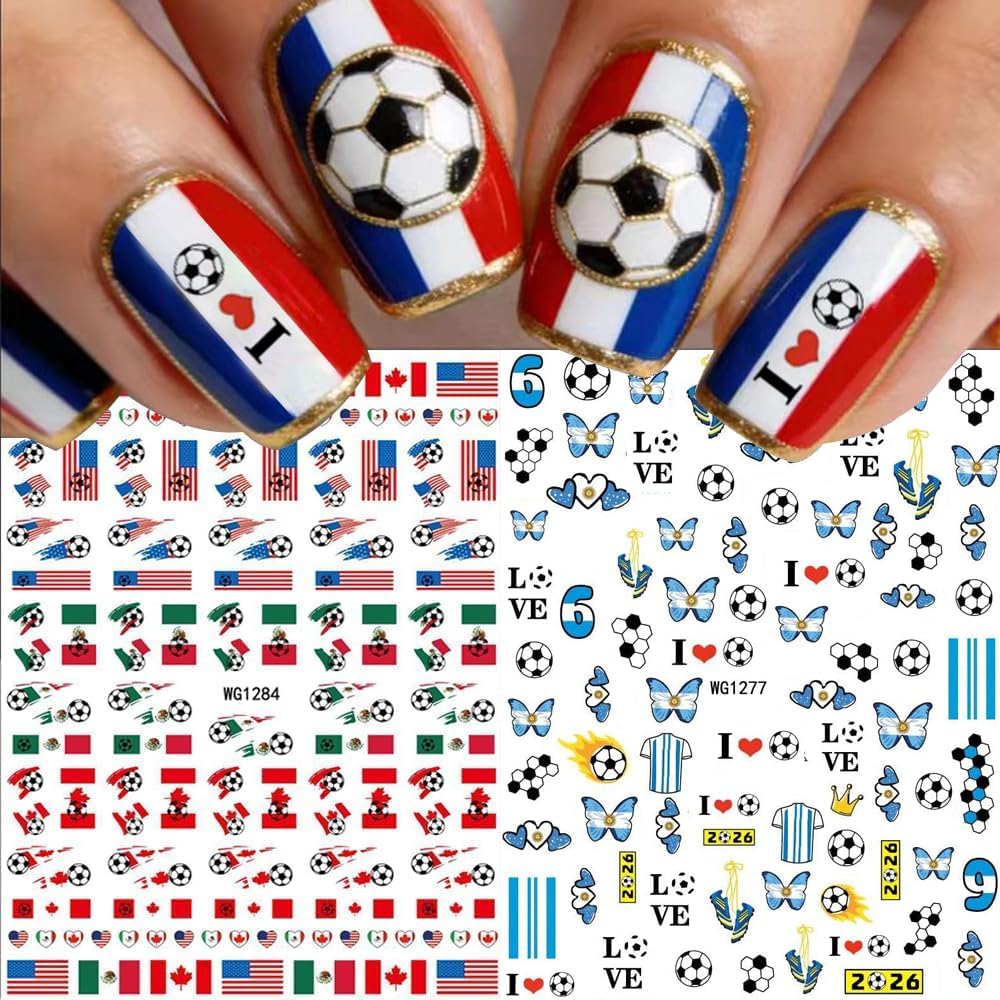 8Pcs World Cup Football Soccer Nail Stickers Soccer Sports Nail Art Stickers Cartoon Number Player USA Flag Nail Decals Design Self Adhesive Nail Art Decoration for Women DIY Manicure Accessories