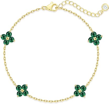 Gold Birthstone Bracelets for Women Non Tarnish 14K Gold Plated Clover Dainty Bracelet Stack Stackable Cute Red Green Friendship Chain Bracelets for Mom Birthday Jewelry Gifts