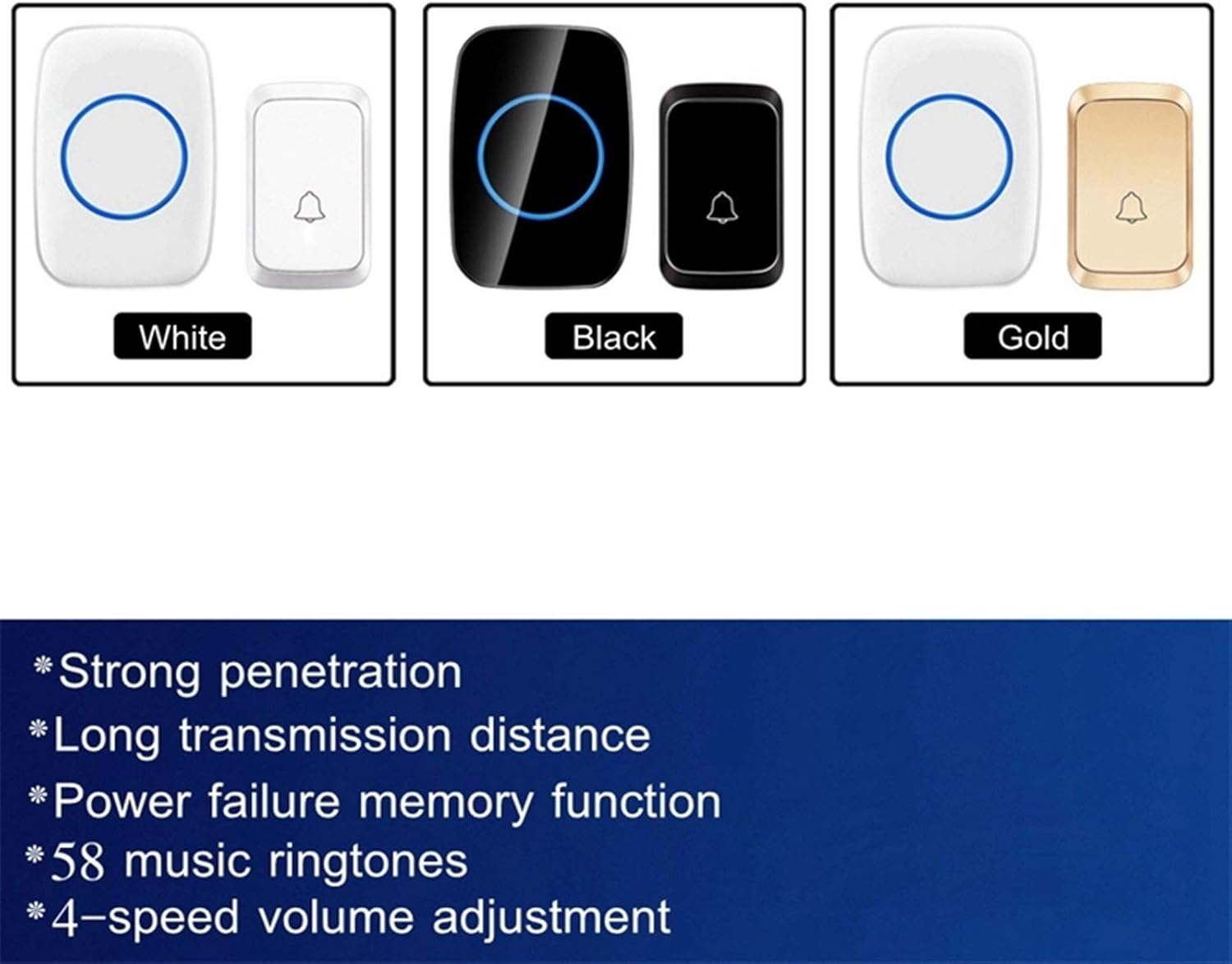 ドアチャイム ドアベル防水ワイヤレスドアベルライト300Metersリモートホームコードレス電話のベル (Color : Gold