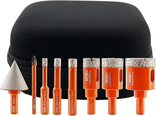 Diamond Core Drill Bit Kit BGTEC Diamond Hole Saw Tile Cutter for Porcelain Tile Ceramic Marble Brick,8pcs Triangle Shank 6/8/10/20/25/35mm+35mm Diamond Chamfer Finger Bit+6mm Carbide Tip Drill Bits
