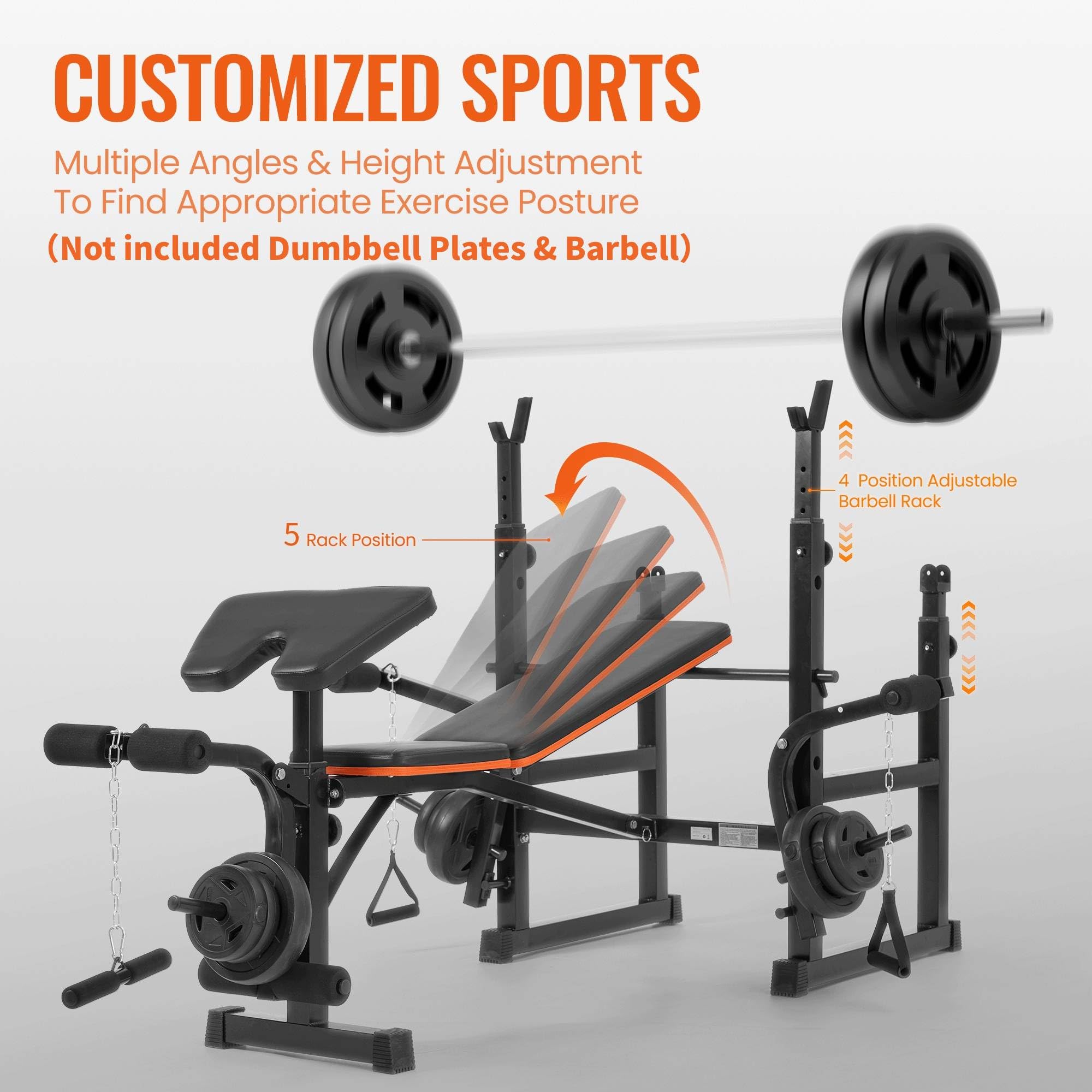 Weight Bench with Squat Rack, Adjustable Workout Bench with Preacher Curl Pad, Leg Extension & Curl, Safety Bar Catches, 600 lbs Capacity All-in-One Strength Training Bench for Home Gym