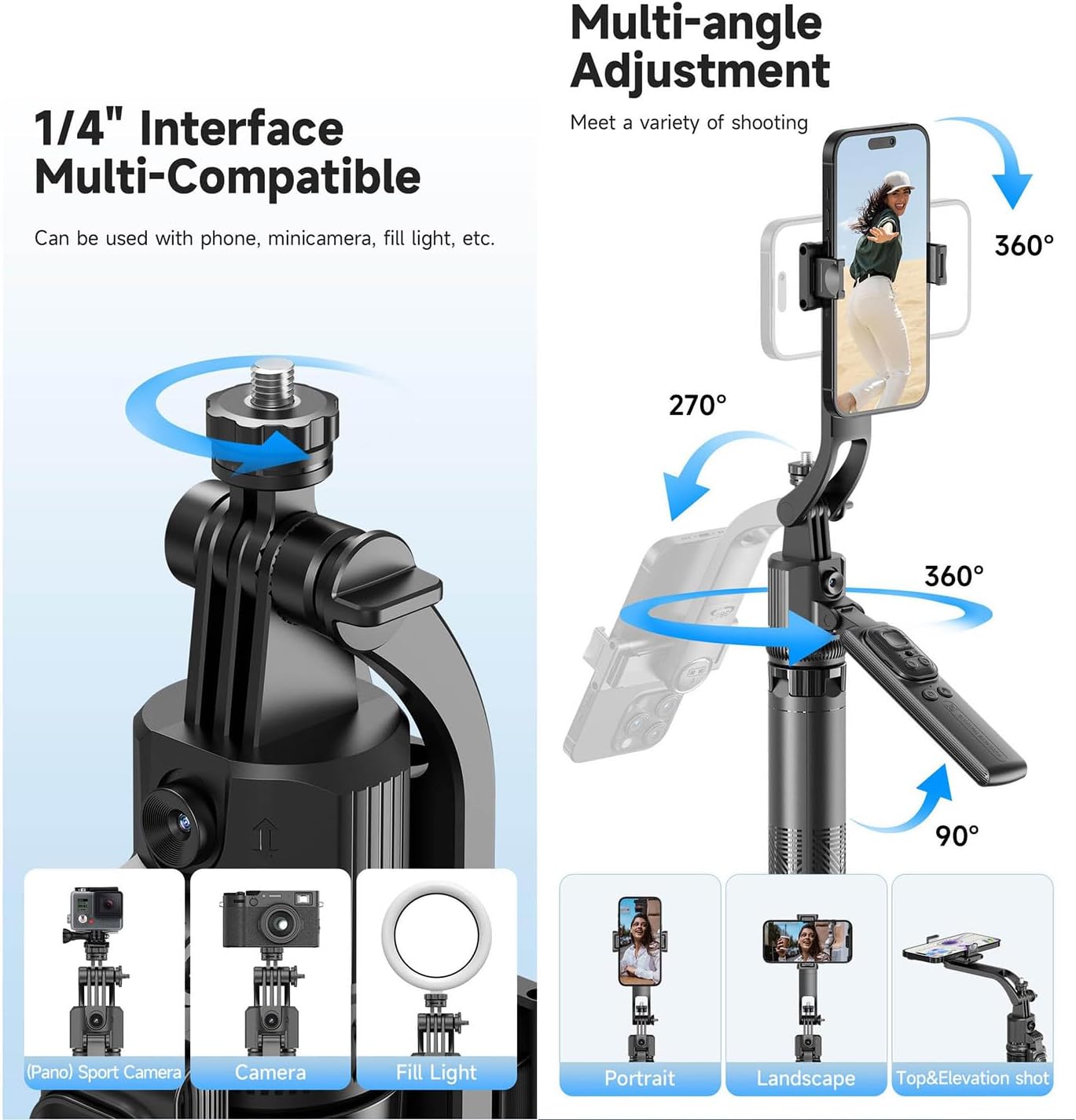Auto-Face Tracking 4-Leg Stand, Selfie Stick with Detachable Phone Stand, Smooth Motion Shots, 360°Rotation & 63’’ Extendable, Remote Control & Universal 1/4" Screw for TikTok Vlog Video Recording