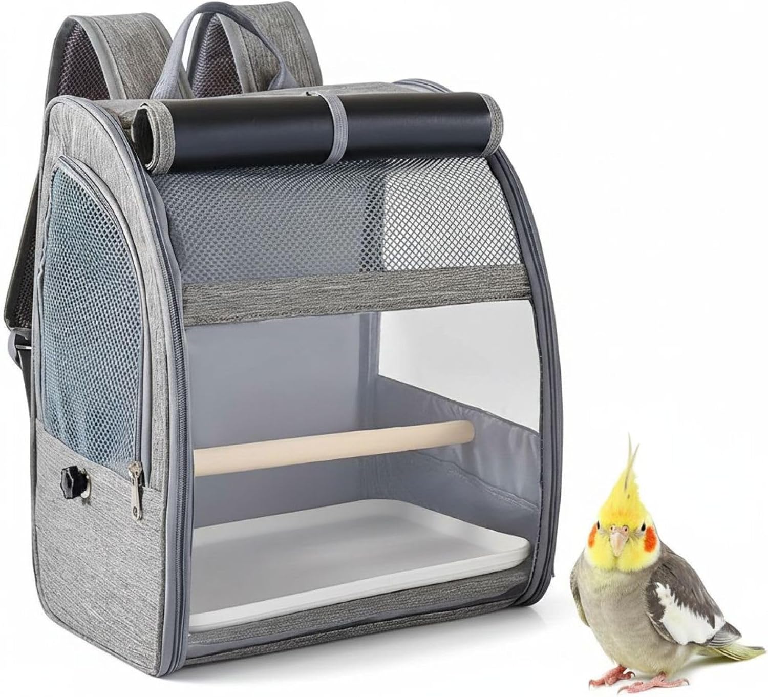 Gray Bird Backpack Carrier, Pet Travel Cage with Breathable Mesh, Large Space Parrot Backpack for Cockatiels Pigeons, Portable Cage with Perch & Tray, 12.2 X 9.6 X 15 in