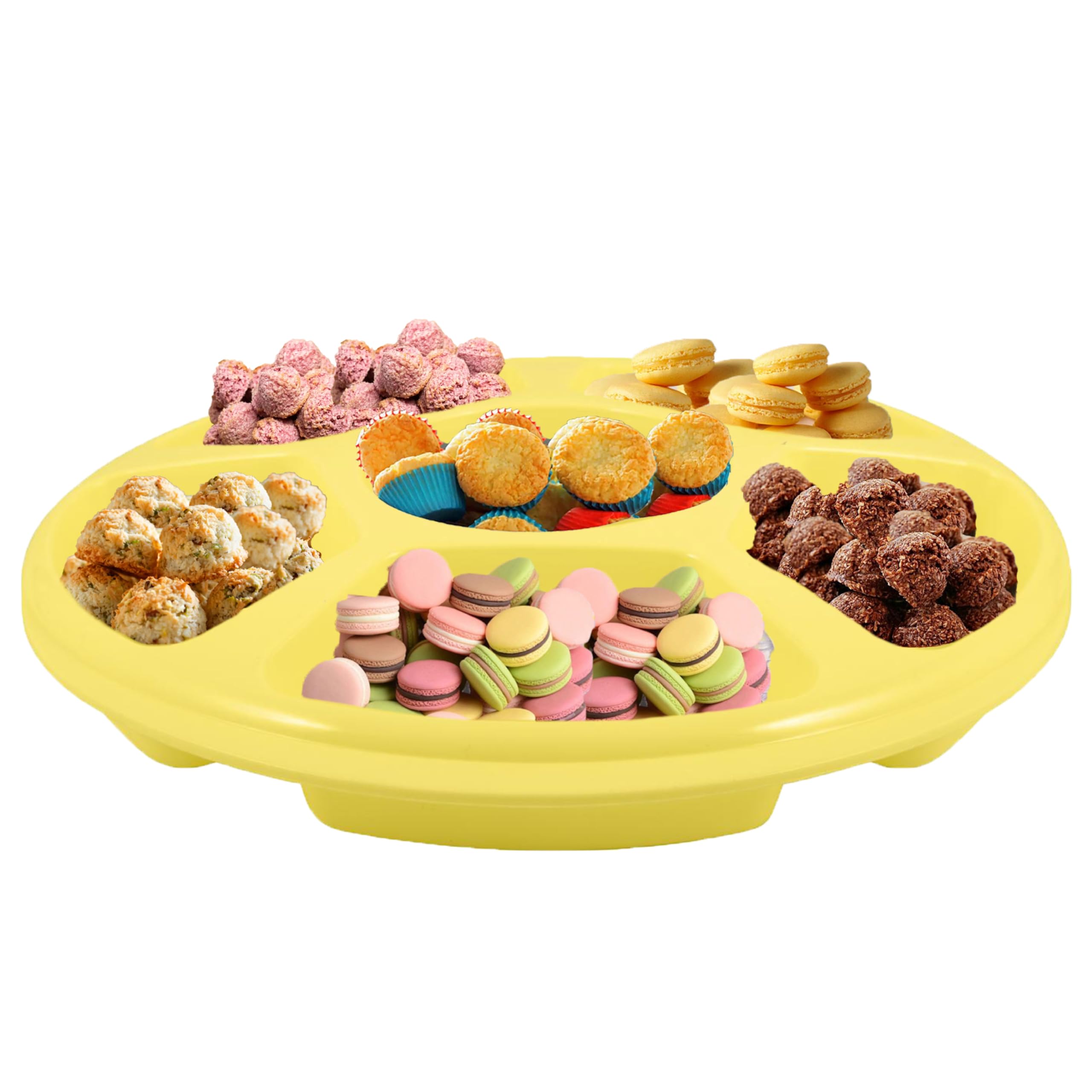 HOMESHOPA Plastic Compartment Trays, 1 Pack Lightweight Reusable Serving Platters for Parties, Compartment Appetizer Platter, Round Divided 6 Section Food Catering Trays for Snacks Fruits Nuts, Yellow