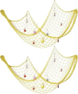 Tuelaly Red de pesca grande para colgar, 2 piezas de redes de pesca decorativas, adornos colgantes extragrandes inspirados en el océano, arte de pared, decoración de red, color amarillo