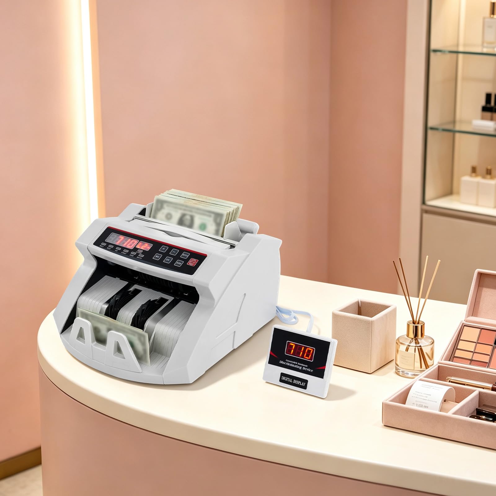 Contabanconote Professionale con Display LED, Rilevamento UV e Magnetico per Banconote False, Velocità 1000 Banconote/min, Capacità 200 Pezzi, per Euro Dollari e Sterline, Bianco