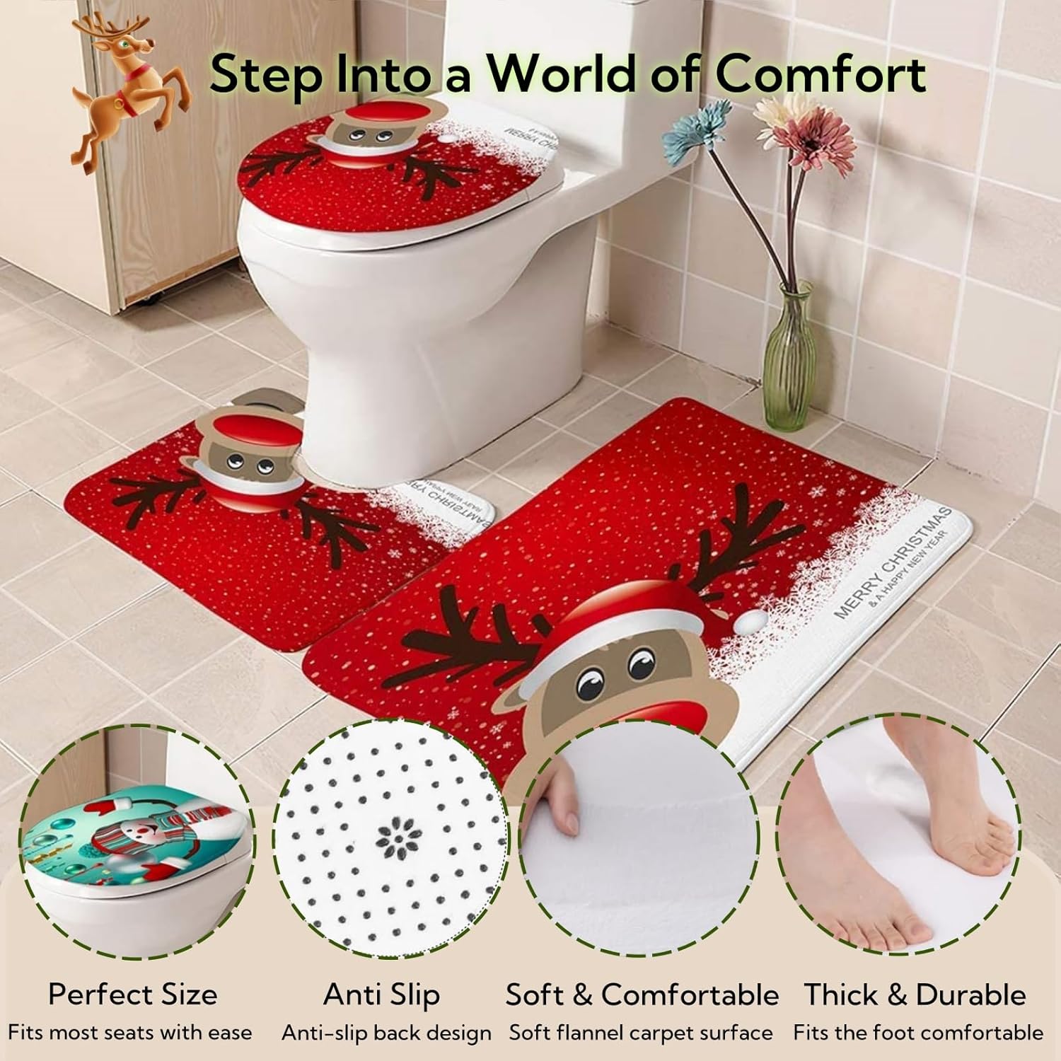 Christmas Shower Curtain Sets for Bathroom, 4Pcs Xmas Shower Curtain/Non-Slip Bathroom Rugs/Lid Toilet Cover/Bath Mat, Funny Santa Claus Elk Snowman Decor