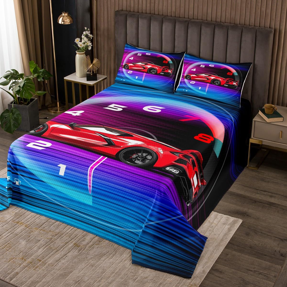 Erosebridal Kids Racing Quilt Set Red Sports Car Bedspread Set Queen,Extreme Car Quilted for Boys Blue Purple Gradient Striped Coverlet Sets,Striped Room Decor