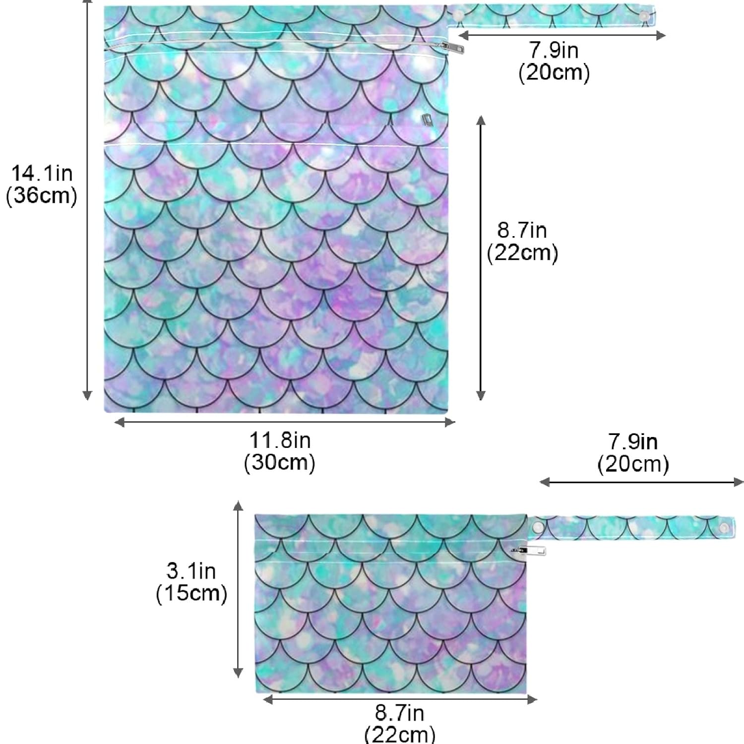 visesunny Beautiful Rainbow Mermaid Scale 2Pcs Wet Bag with Zippered Pockets Washable Reusable Roomy for Travel,Beach,Pool,Daycare,Stroller,Diapers,Dirty Gym Clothes, Wet Swimsuits, Toiletries