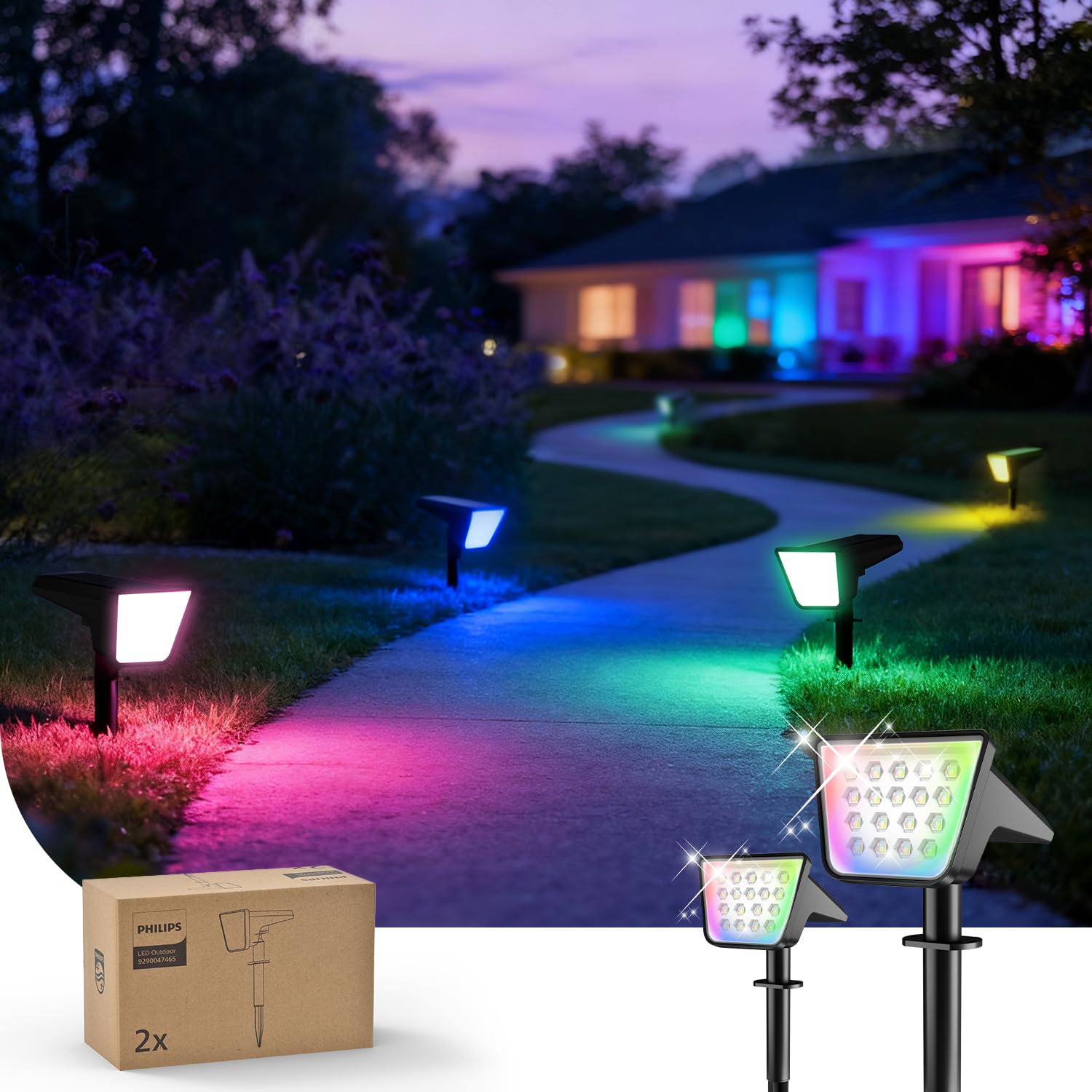 Philips 2 Stück Solarstrahler für Außen Garten, 18 LEDs RGBW Wasserdicht Gartenleuchten, 9 Beleuchtungsmodi Farbwechsende Wegeleuchten, Dusk to Dawn für Garten Halloween Weihnachten