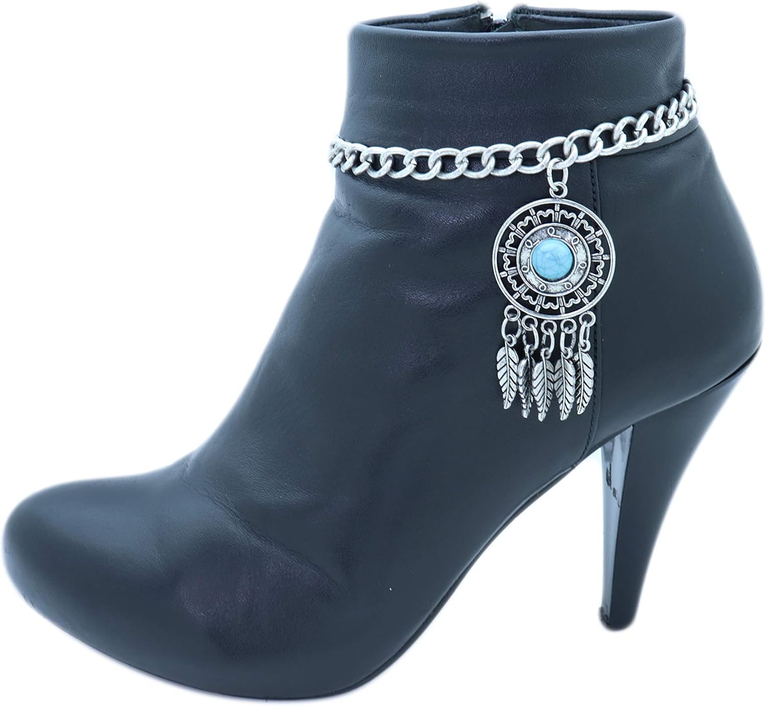 TrendyFashionJewelry TFJ Women Boot Bracelet Western Silver Metal Chain Shoe Ethnic Bling Feather Charm Anklet Turquoise Blue