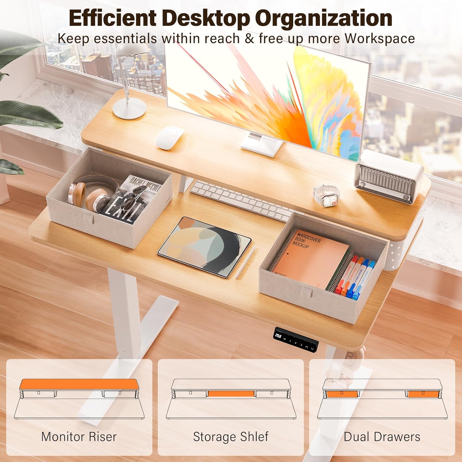 Kingant 35 x 20 Inch Small Electric Standing Desk with Dual Drawers, Height Adjustable Sit to Stand Computer Desk with Storage Shelf and C-Clamp Mount Compatibility for Home Office, Nature