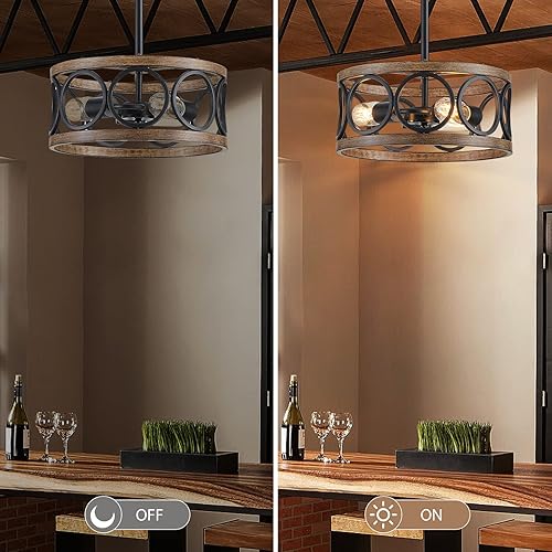 Miniatura 7 de Lámpara colgante de granja, lámpara de techo para dormitorio, pasillo, cocina, entrada, comedor, 3 lámparas colgantes de níquel y madera de grano de