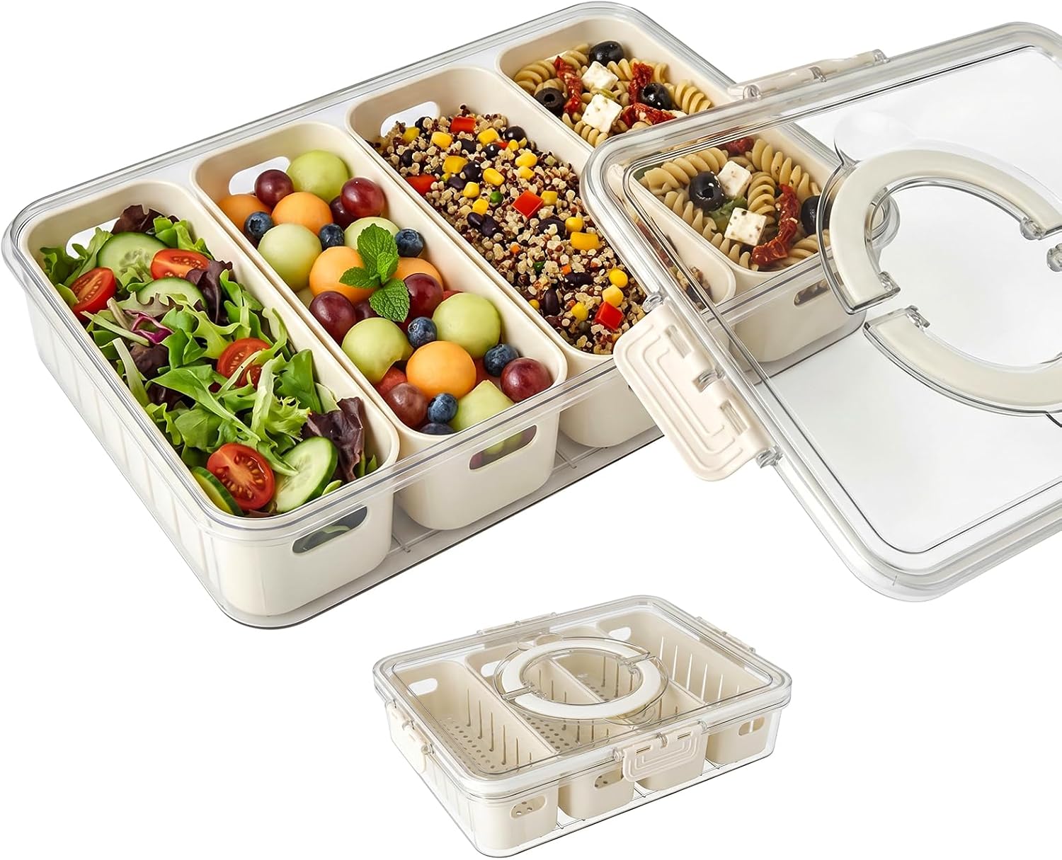 Salad Meal Prep Containers, Salad Prep Containers for Fridge, Tight-Seal Divided Food Tray with Lid Handle, Veggie Keeper with 4 Sections, Snack Box Containers, Works for Vegetables, Fruit