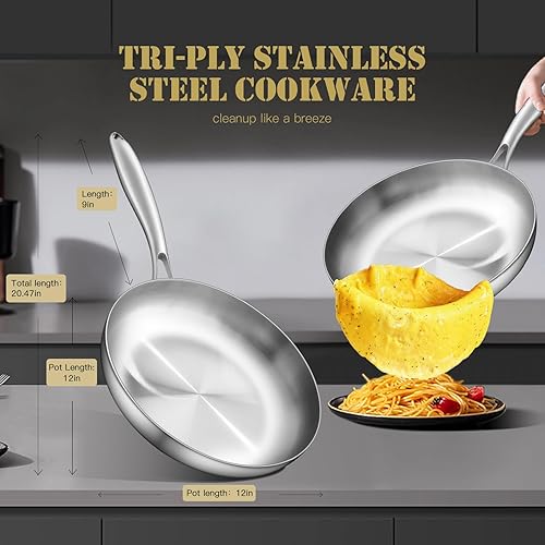 Miniatura 4 de Sartén de acero inoxidable de tres capas de 12 pulgadas, sartén, sartén, sartén de inducción, apta para lavavajillas y horno, calor rápido y