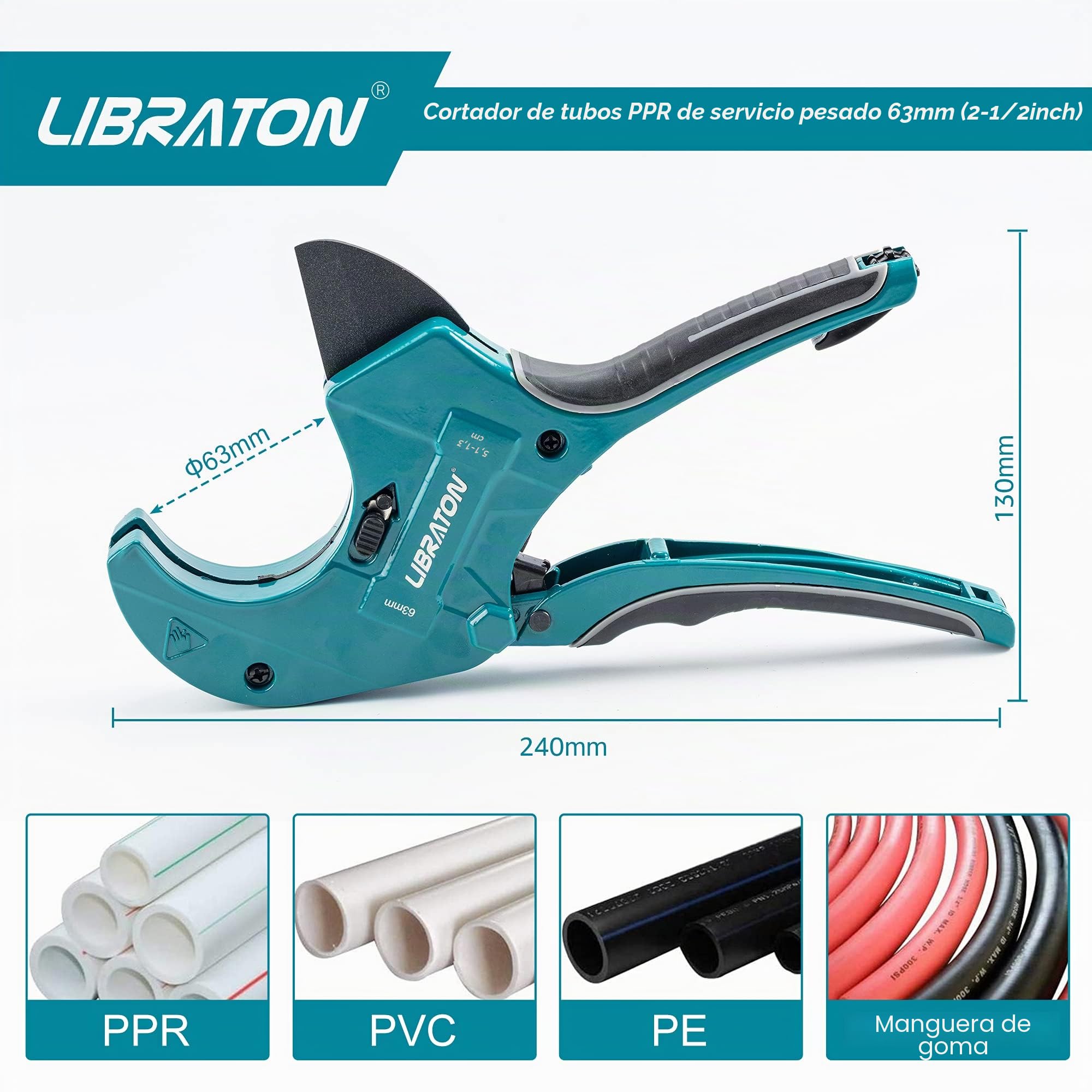 Libraton Cortatubos de PVC de 2-1/2" (63mm), cortador de PVC grande, hoja mejorada para cortatubos de plástico de alta resistencia