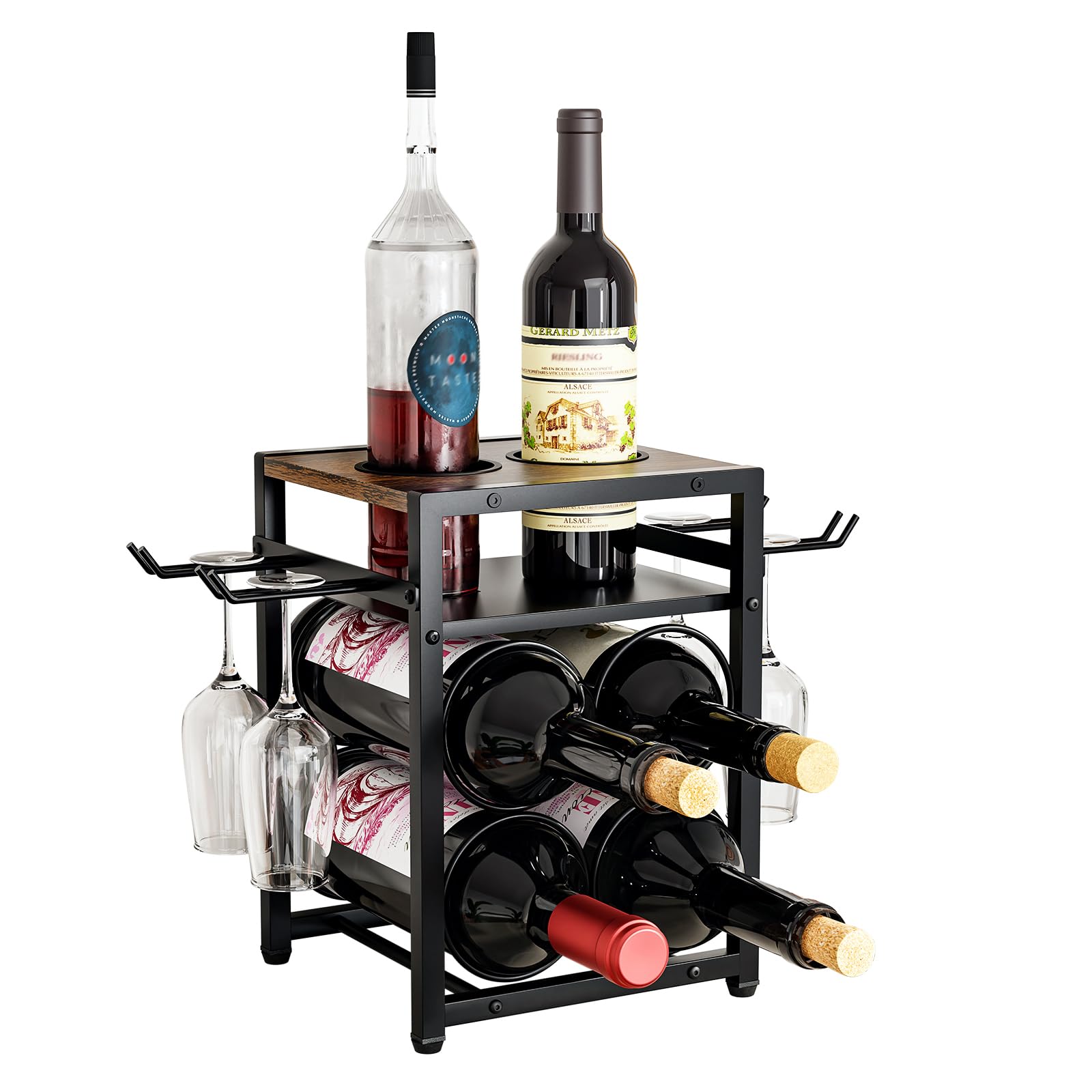 Casier à vin 6 bouteilles et 4 verres KLM en bois noir avec plateau