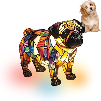 Atlodas Pug Lamp, Retro Dogs Stained Resin Tabletop Night Light, Dog Series Art Night Light, Dog Lamp Stained Glass, 3D Cute Pet LED Table Lamps, Gift for Lovers #03, 5.9inches