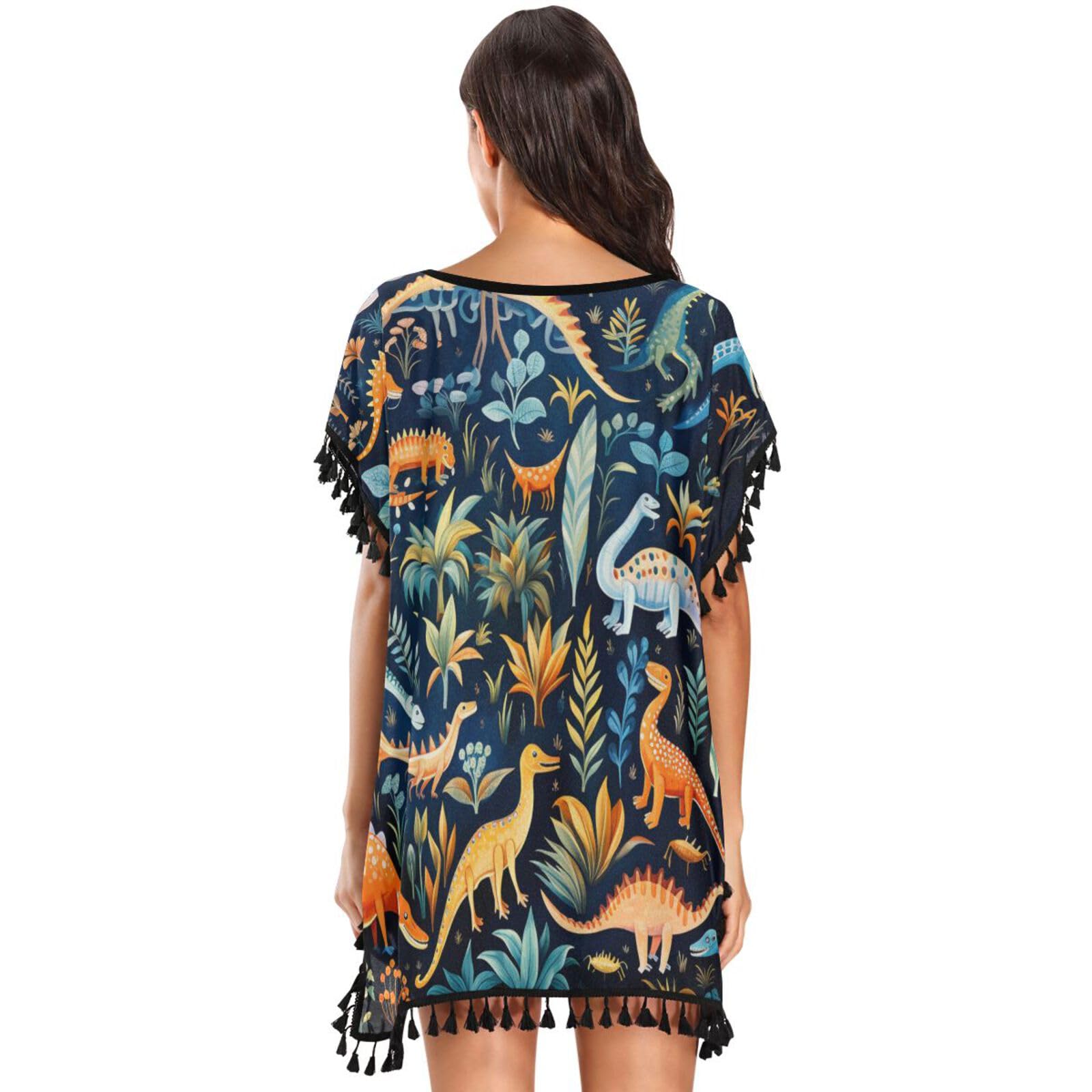 KAAVIYO Indigo Blue Dinosaurs Women's Beach Cover Up Chiffon Tassel Swimwear Swimsuit Coverups for Girl