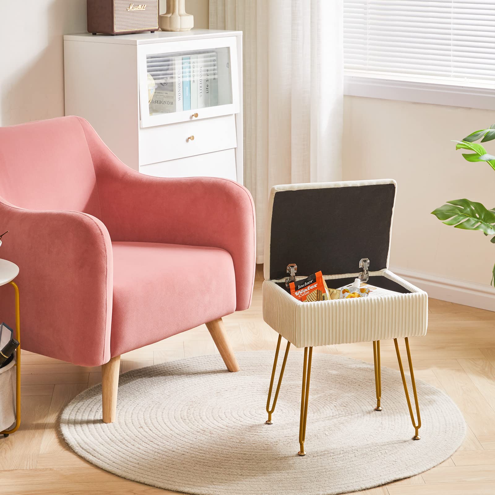 YMYNY Taburete de Terciopelo, Otomana de Almacenamiento, Soporte de Metal, Banco de Tocador para Maquillaje, Salón y Dormitorio - 40×29.5×48CM Beige HBD024M