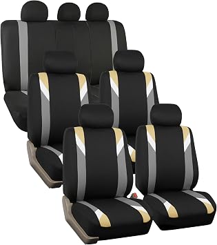 FH Group Three-Row Premium Modernistic Full Set Car Seat Covers, 7 Seater Covers - Universal Fit for Cars Trucks and SUVs Beige/Black