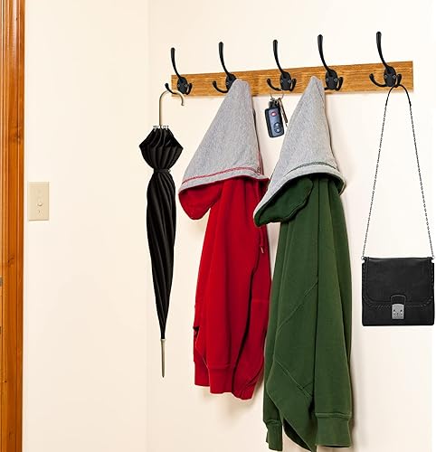 Miniatura 5 de Paquete de 7 ganchos grandes y resistentes para abrigos triples montados en la pared con 14 tornillos, ganchos rústicos retro de doble utilidad para