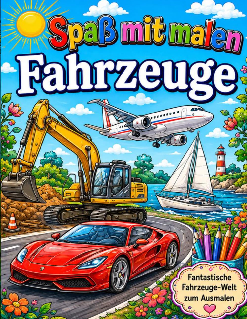 Spaß mit malen Thema Fahrzeugen: mit 25 Bildern zum Ausmalen rund um Straßenfahrzeuge, Nutzlastfahrzeuge und Wasserfahrzeuge und vieles mehr