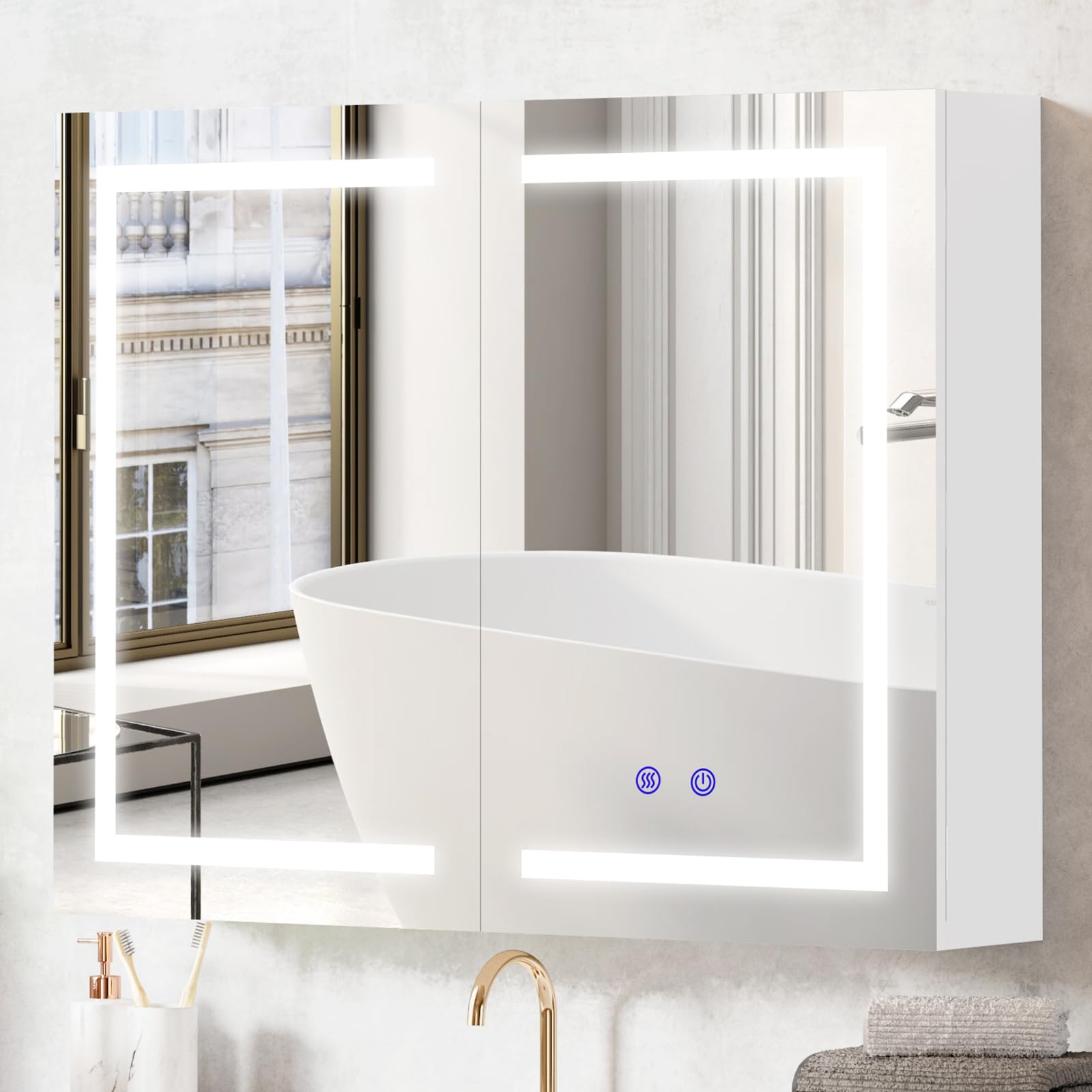 Espejo de baño LED, 800 x 600 mm, antivaho, regulable, espejo de maquillaje de 3 colores, montado en la pared, con luces y enchufe para afeitadora, 60 x 80 cm