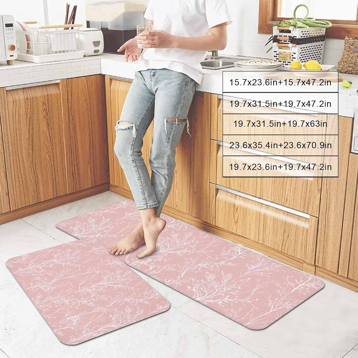 Romantic Pink Kitchen Mats Set of 2 White Tree Branch Botanical Abstract Plant Leaves Non Slip Mat Washable Floor Rug for Kitchen Sink Floor Laundry, 23.6"x35.4"+23.6"x70.9"