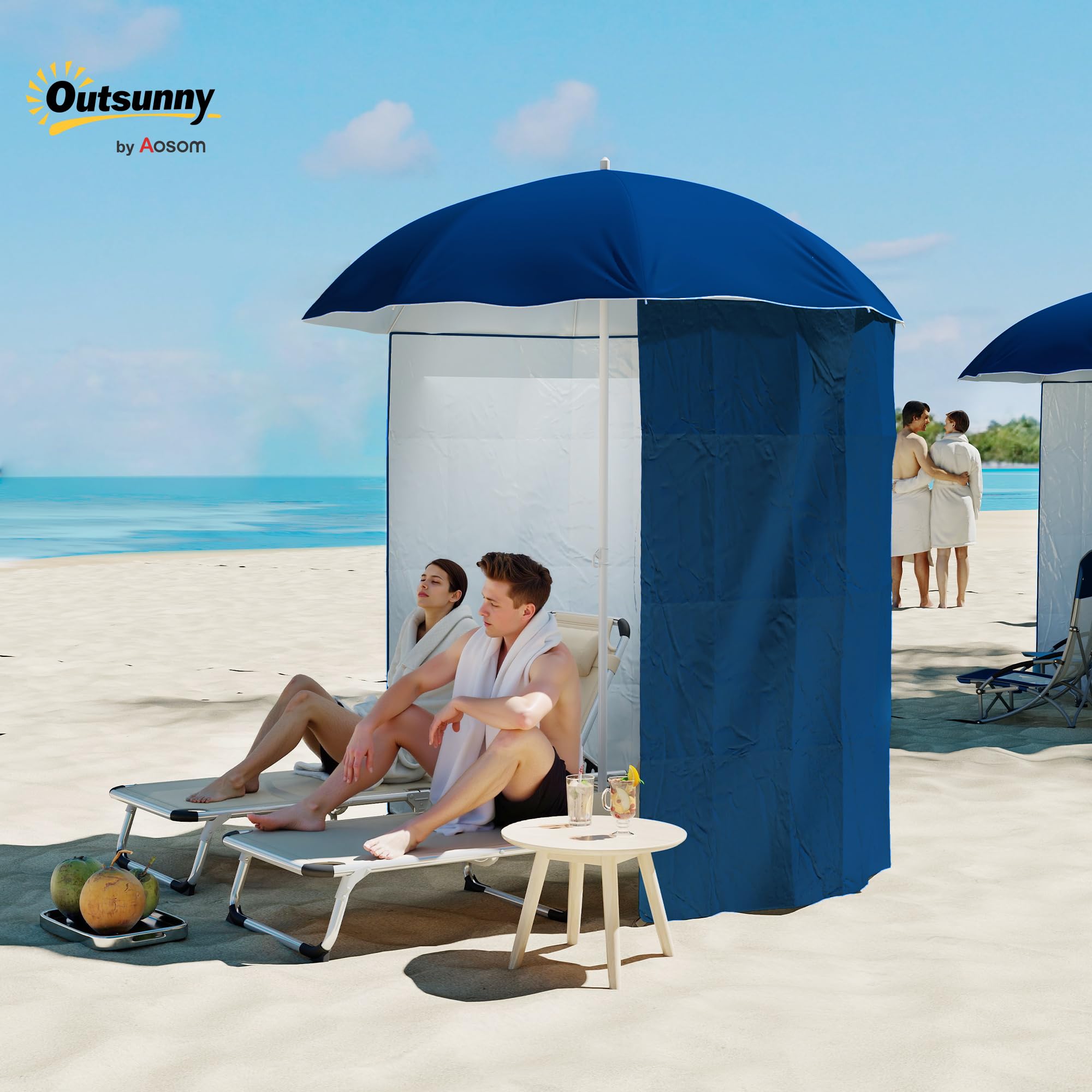 Outsunny Sombrilla de Playa con Panel Lateral Ø220x220 cm Parasol para Terraza con Apertura Manual 8 Varillas de Acero y Bolsa de Transporte para Jardín Piscina