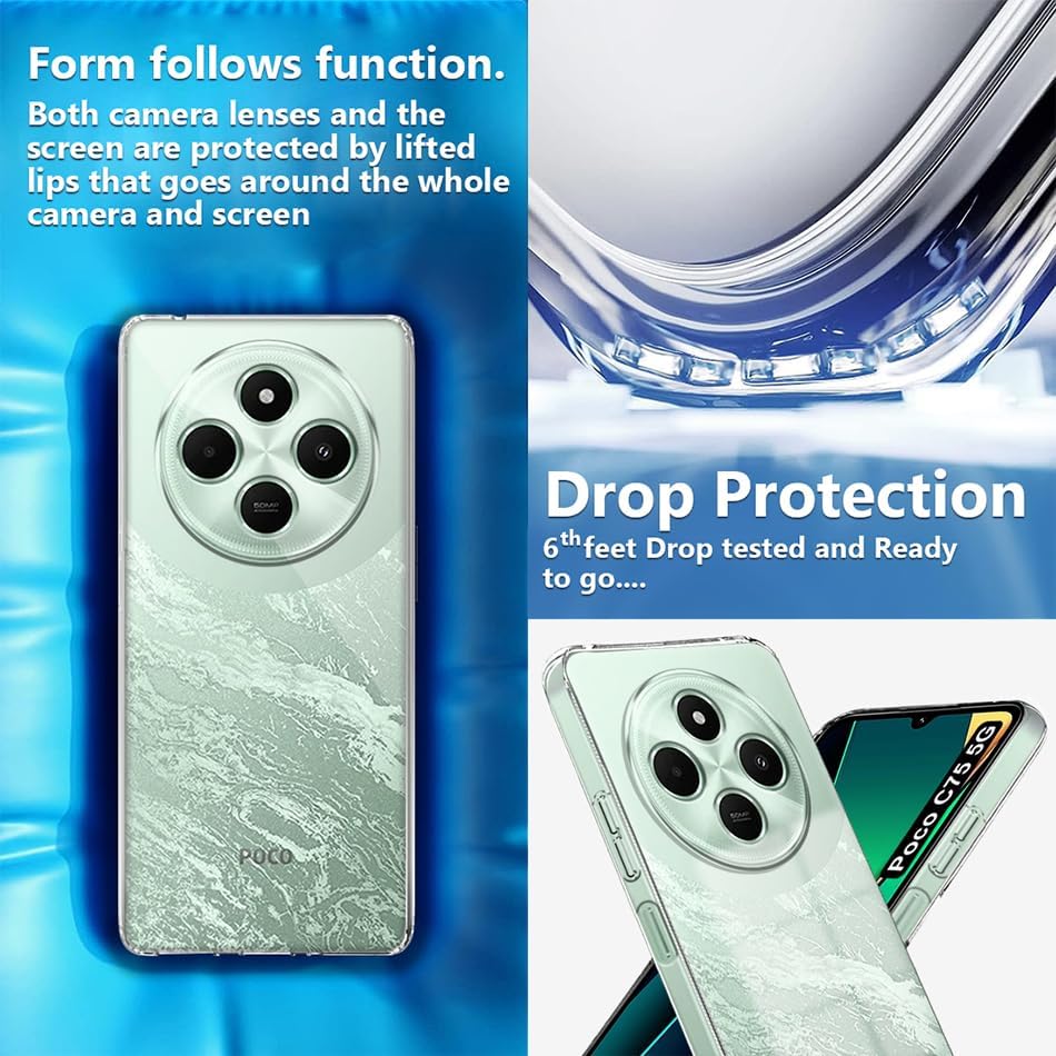 Image of Fashionury Crystal Clear Case for Poco C75 5G | Yellowing Resistance | Transparent TPU Silicone | Raised Camera Lips | Slim Transparent Cover