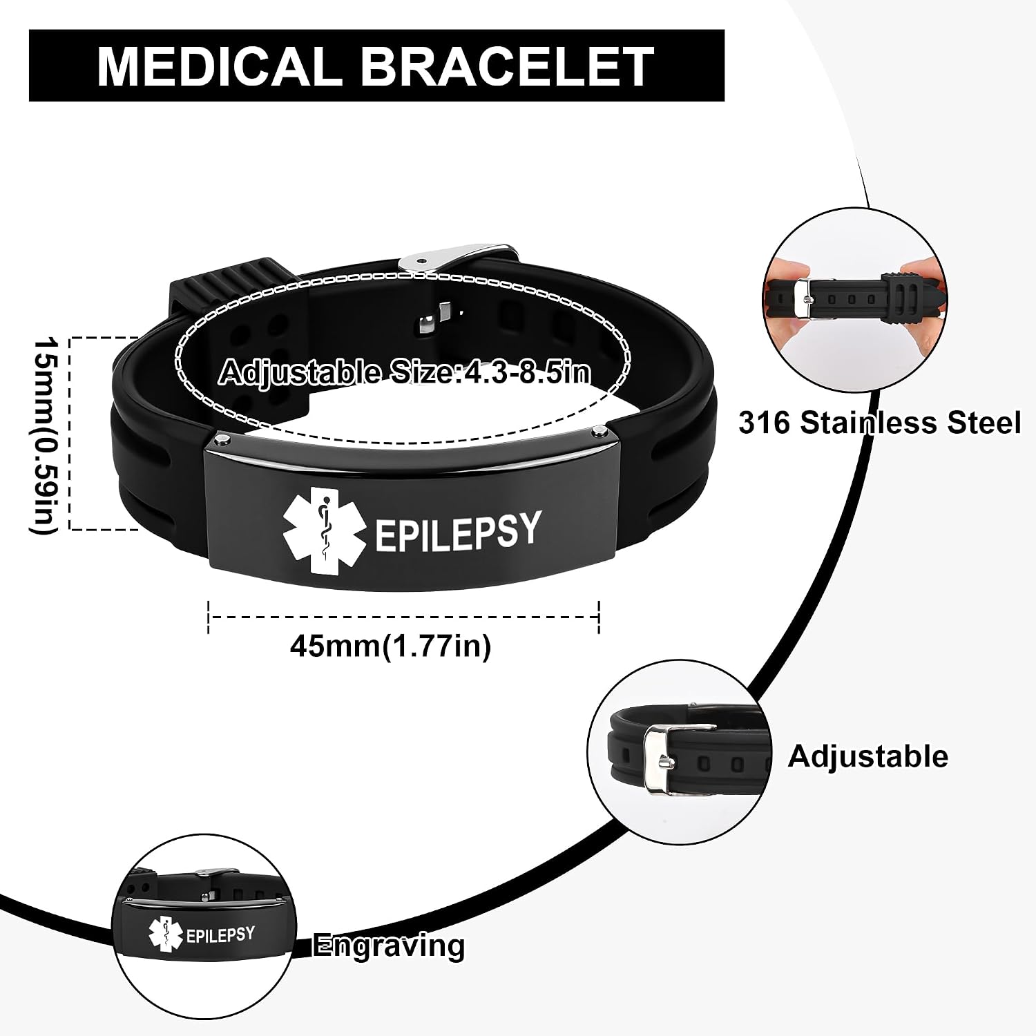 Medical Alert Bracelet for Women Men, Adjustable Medical Alert ID Silicone Wristband for Diabetic D.N.R Pacemaker Epilepsy