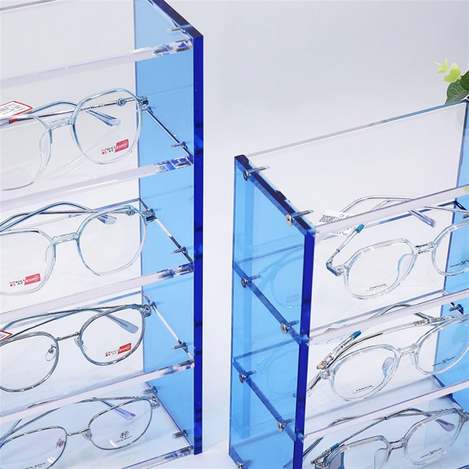 Brillenhalte 3/4-stufiges optisches Ladenpräsentationsregal, Thekenornamente, Acrylregale, Sonnenbrillen, optischer Brillenhalter, Präsentations-Requisiten Brillenständer ( Color : Blauw , Size : Thre