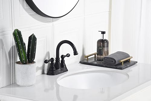 Miniatura 3 de Grifo de lavabo de baño de dos asas, color negro mate de 3 agujeros con drenaje desplegable de desbordamiento, boquilla giratoria 360, grifo de