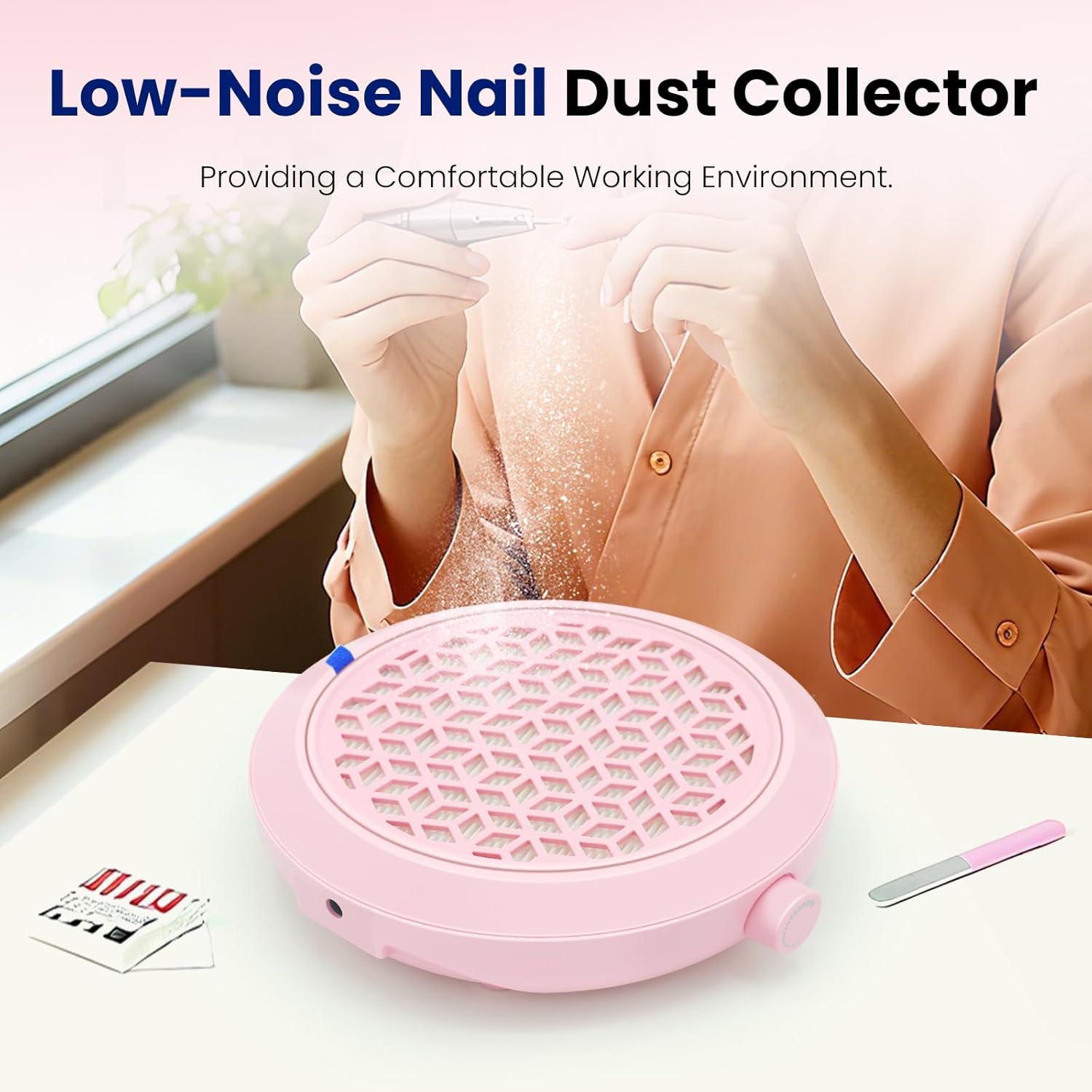 Nail Dust Collector, 4500RPM Powerful Suction Pink Nail Vacuum with Reusable Filter and Brush, Stepless Speed Control for Acrylics & Gels, Salon Tech & Home Essentials